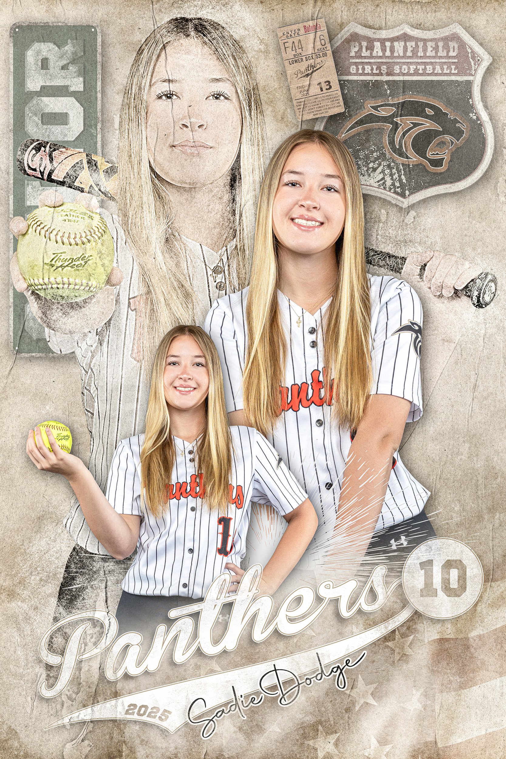 A composite image of a young girl in a softball uniform, smiling, holding a softball, with a larger faded image of her in the background. The background has sports-related imagery including a baseball, a bat, a team logo, a sports ticket, and text re