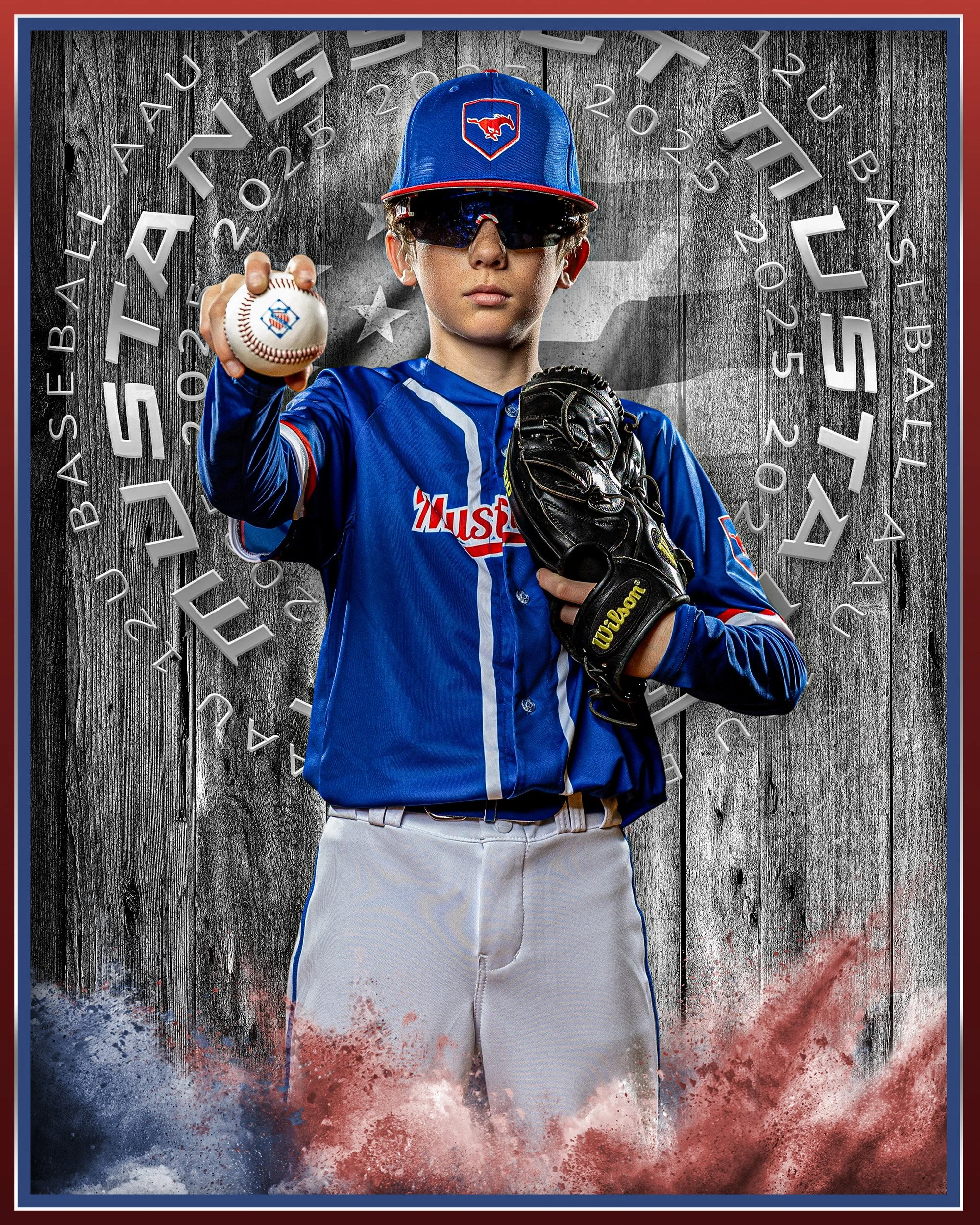 Young baseball player in uniform holding a baseball and a glove, standing in front of a wooden background with race track numbers and American flag overlay.