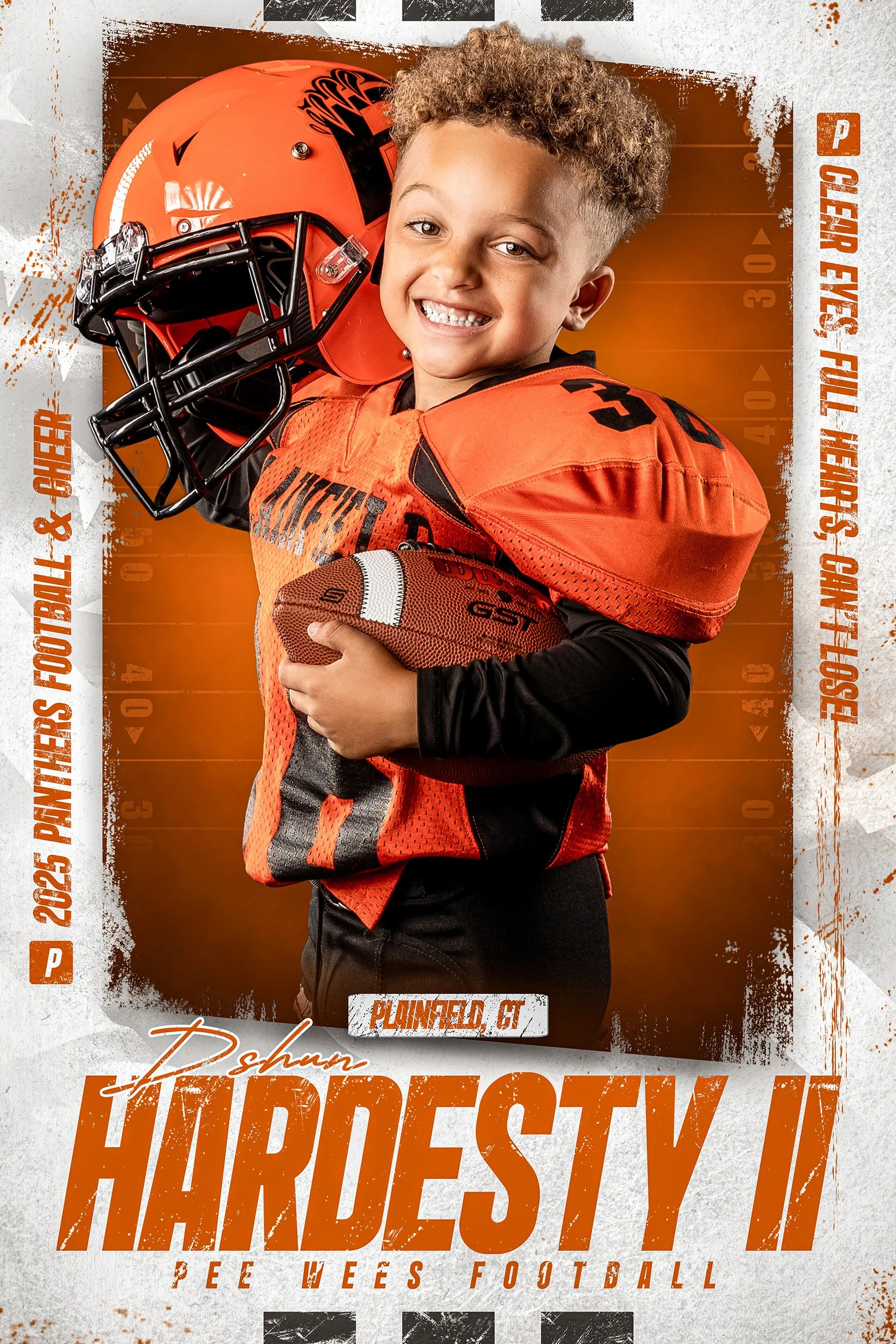 Young boy in football uniform holding a football and a helmet, smiling, with a sports-themed background.