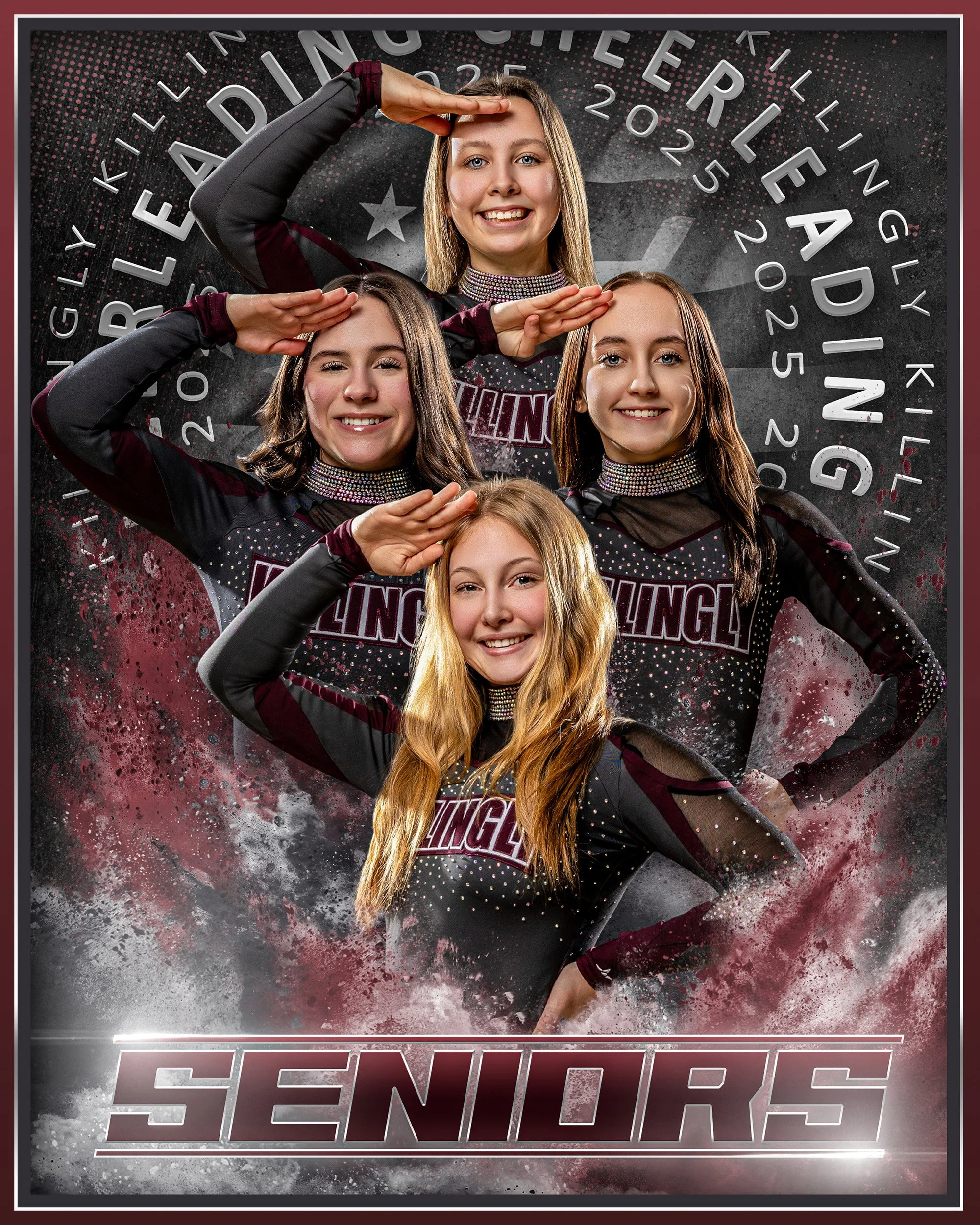 Four cheerleaders in matching black and maroon uniforms, saluting in front of a graphic background with the words 'Senior' and 'Graduation' and the year 2025.