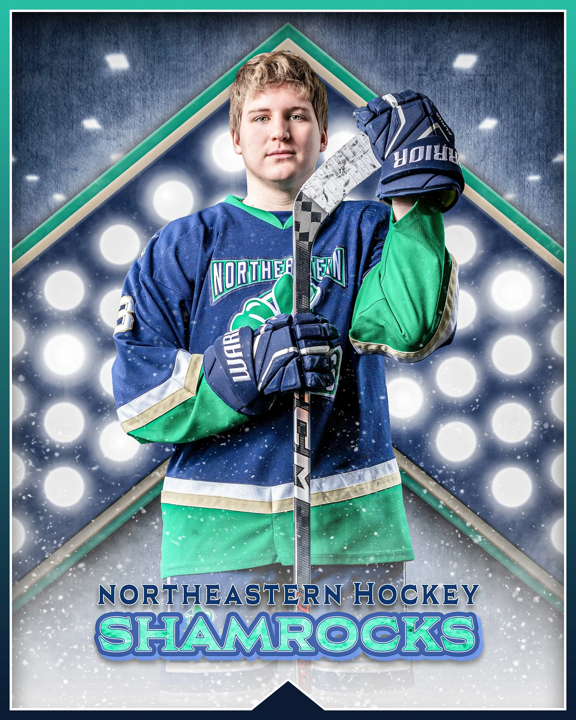 A young male hockey player in a blue and green Northeastern Hockey Shamrocks jersey, holding a hockey stick, standing in front of a background with bright lights and snow effects.