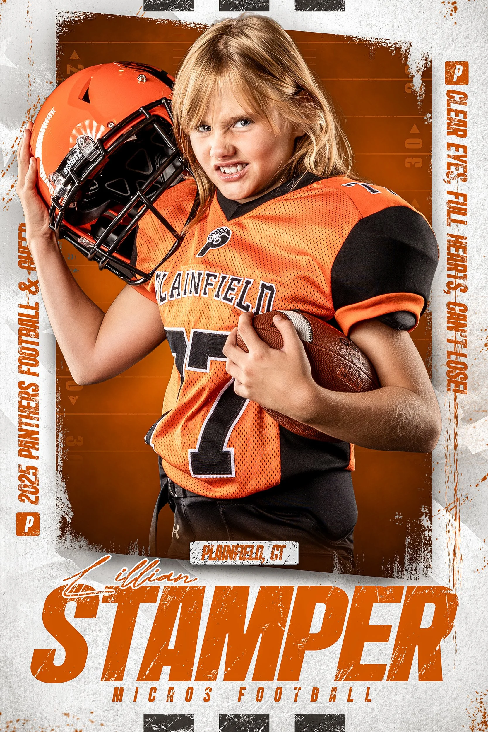 Young girl in football uniform holding a football and wearing a helmet, standing against a sports-themed background.