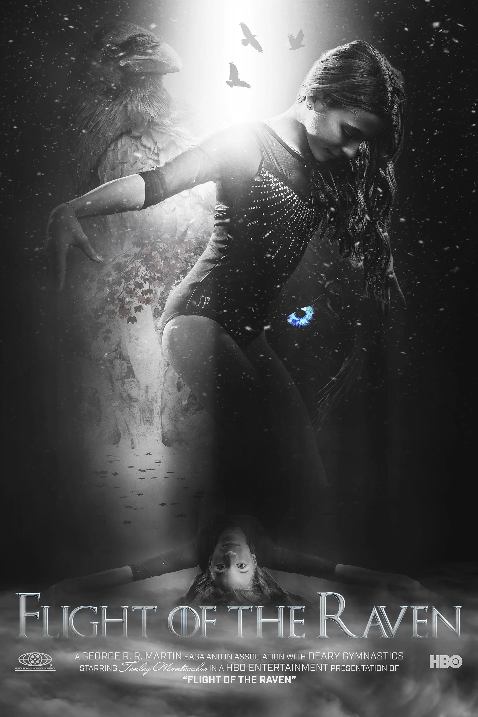 A grayscale promotional poster for the HBO series "Flight of the Raven" featuring a female gymnast with long hair, a large eagle, flying birds, and a layered surreal background with a reflection of the girl upside down.