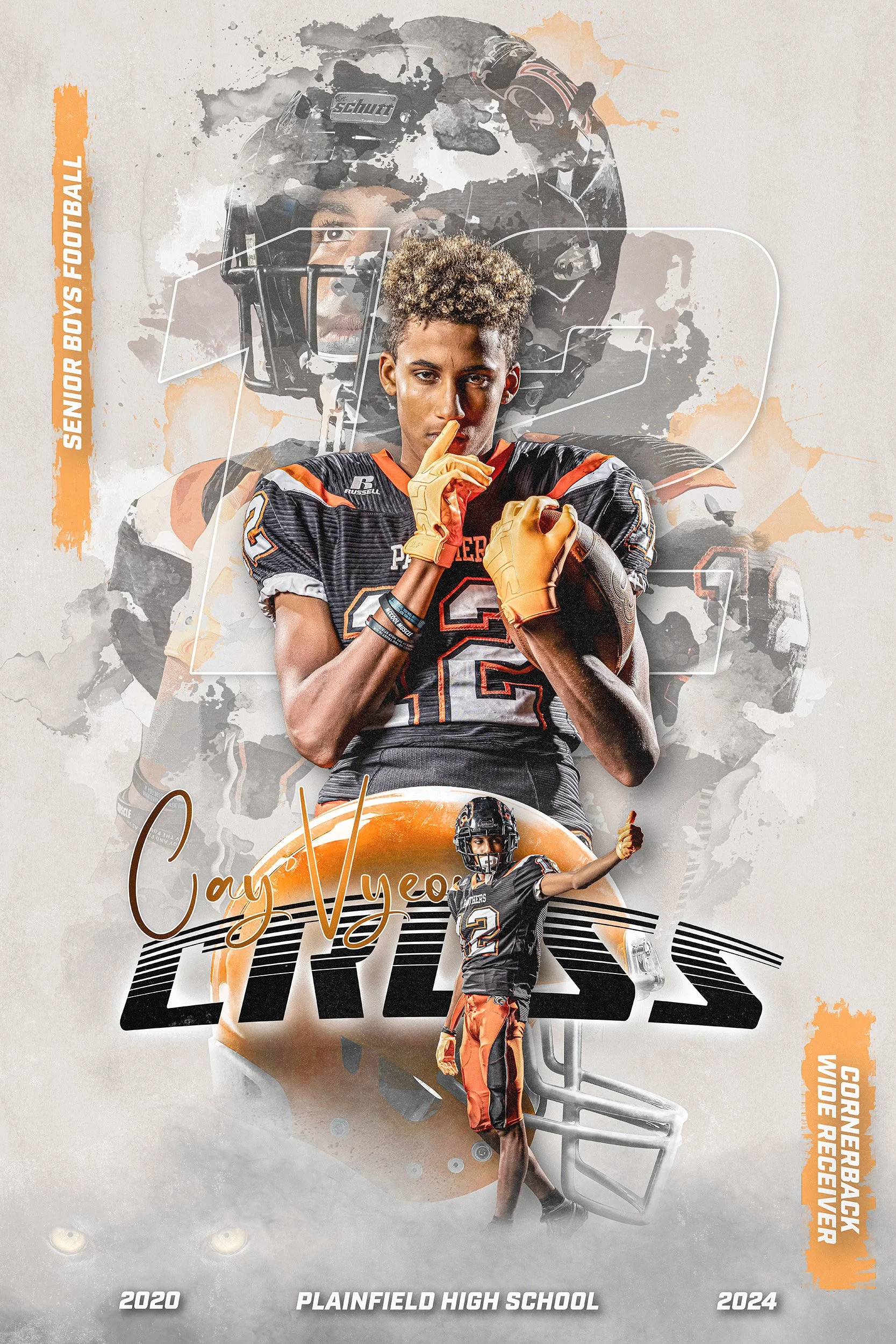 A football player at Plainfield High School in a black and orange uniform with the number 2, holding a football and making a gesture with his index finger over his lips. The background features multiple images of the same player, along with text indi