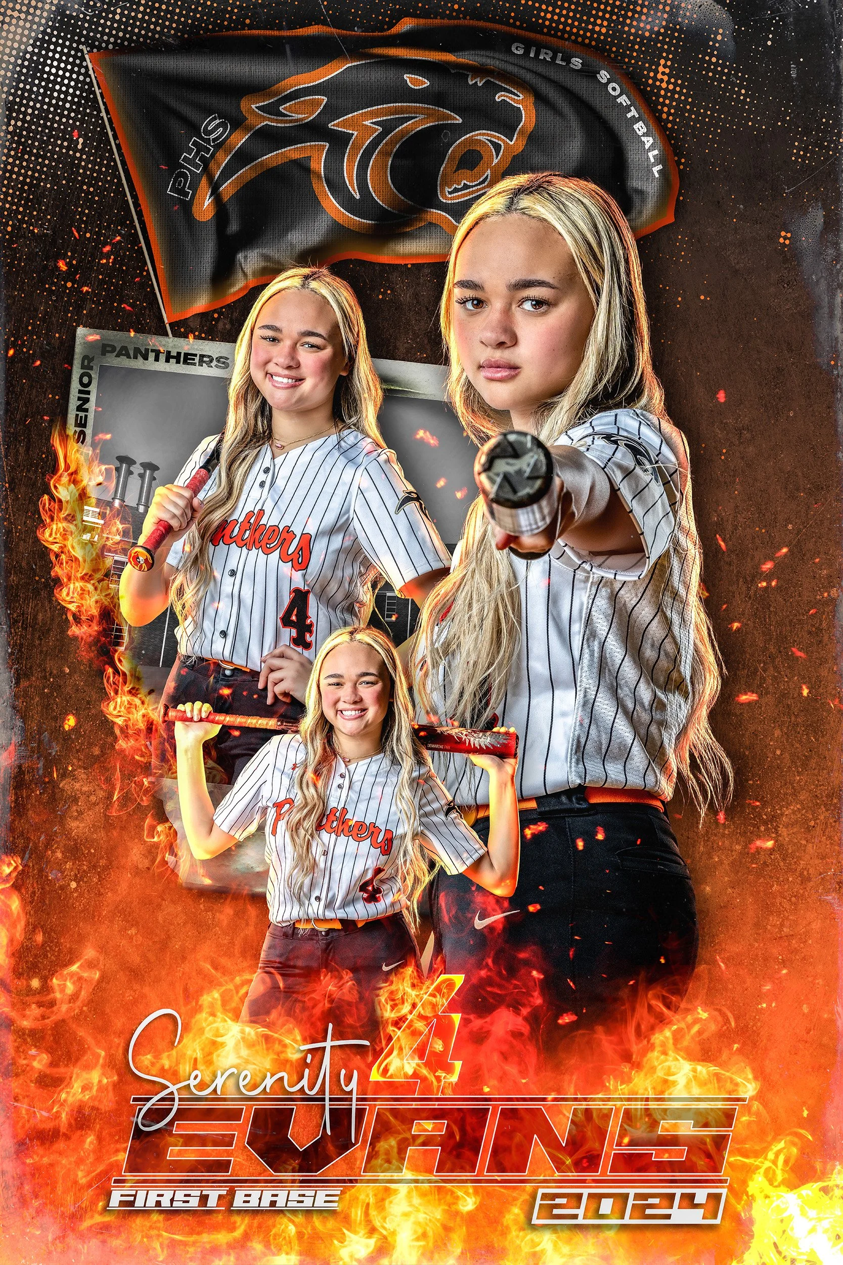 Three girls in baseball uniforms with 'Panthers' on the jerseys, surrounded by flames, with a black flag that has an orange panther logo and the text 'Girls Softball.' One girl is in the foreground pointing a bat, another is behind her holding a bat,