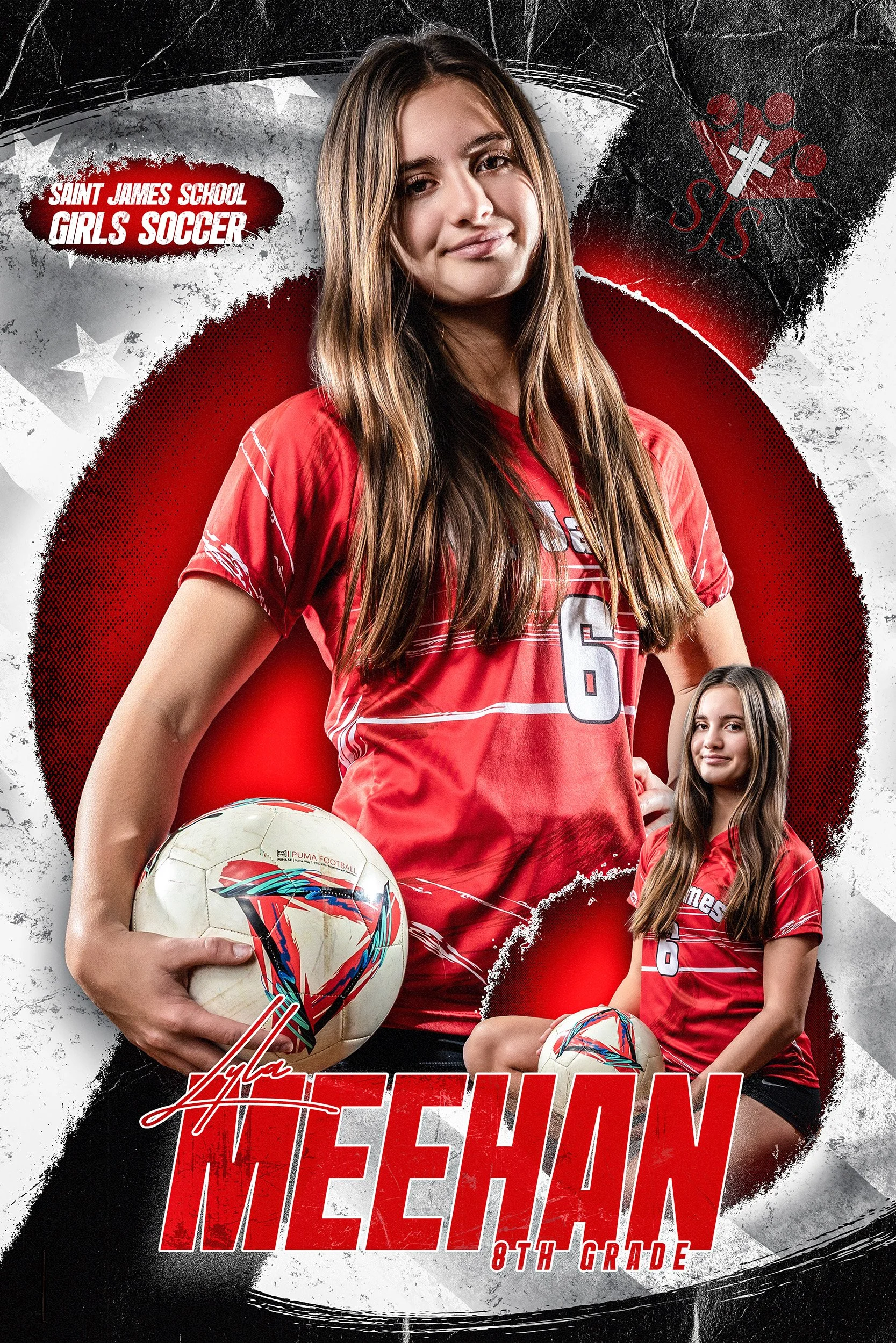 A young girl in a red soccer jersey holding a soccer ball, standing in front of a graphic background with the text 'Saint James School Girls Soccer' and the name 'Ayla Meehan, 8th Grade'.