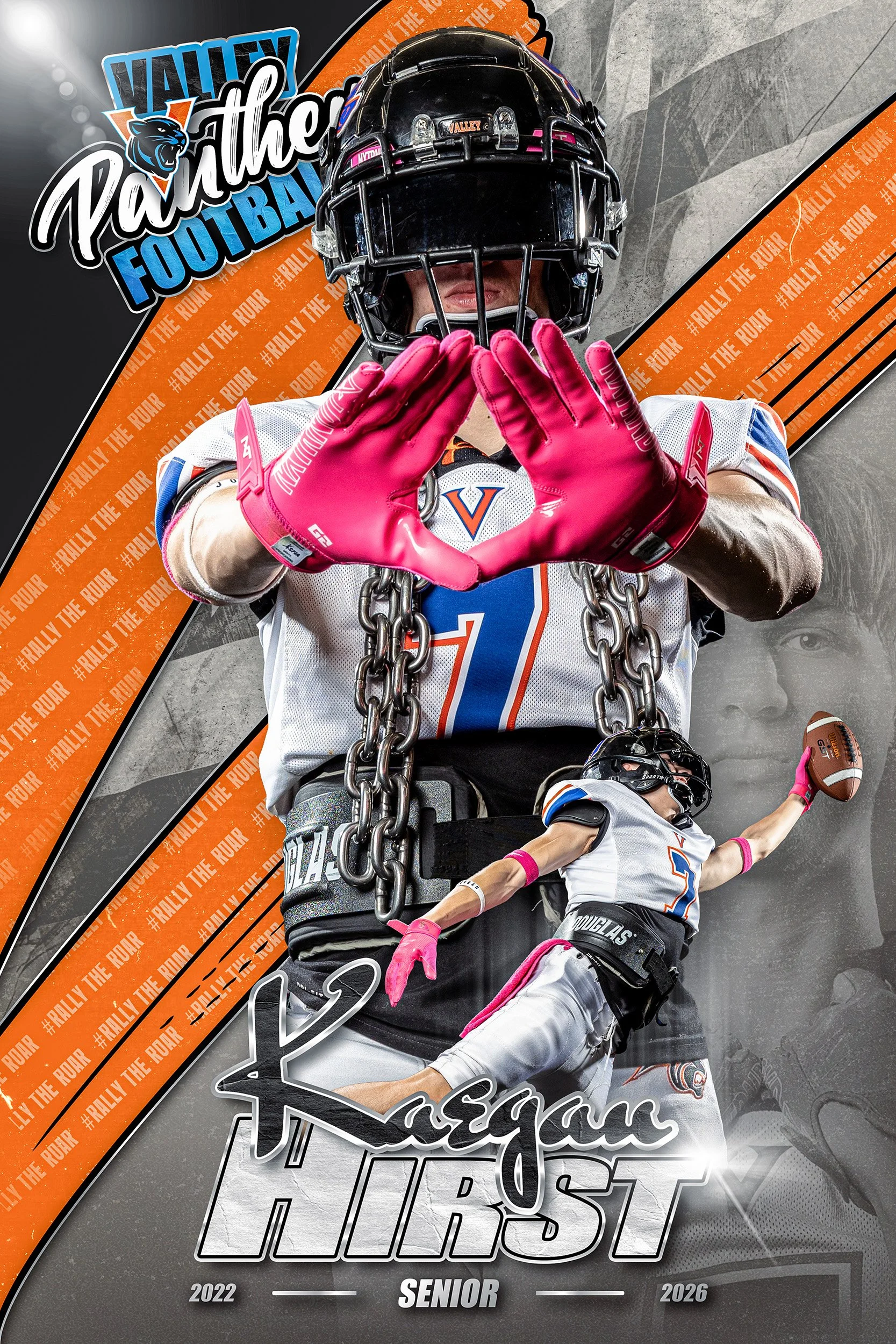 A football player in a white and blue uniform with pink gloves making a heart shape with his hands. The background features a large image of the same player and the text 'Kasaan Hirst' with 'Senior' and the years 2022 and 2026. A logo with a panther and the text 'Valley Panthers Football' is also visible.