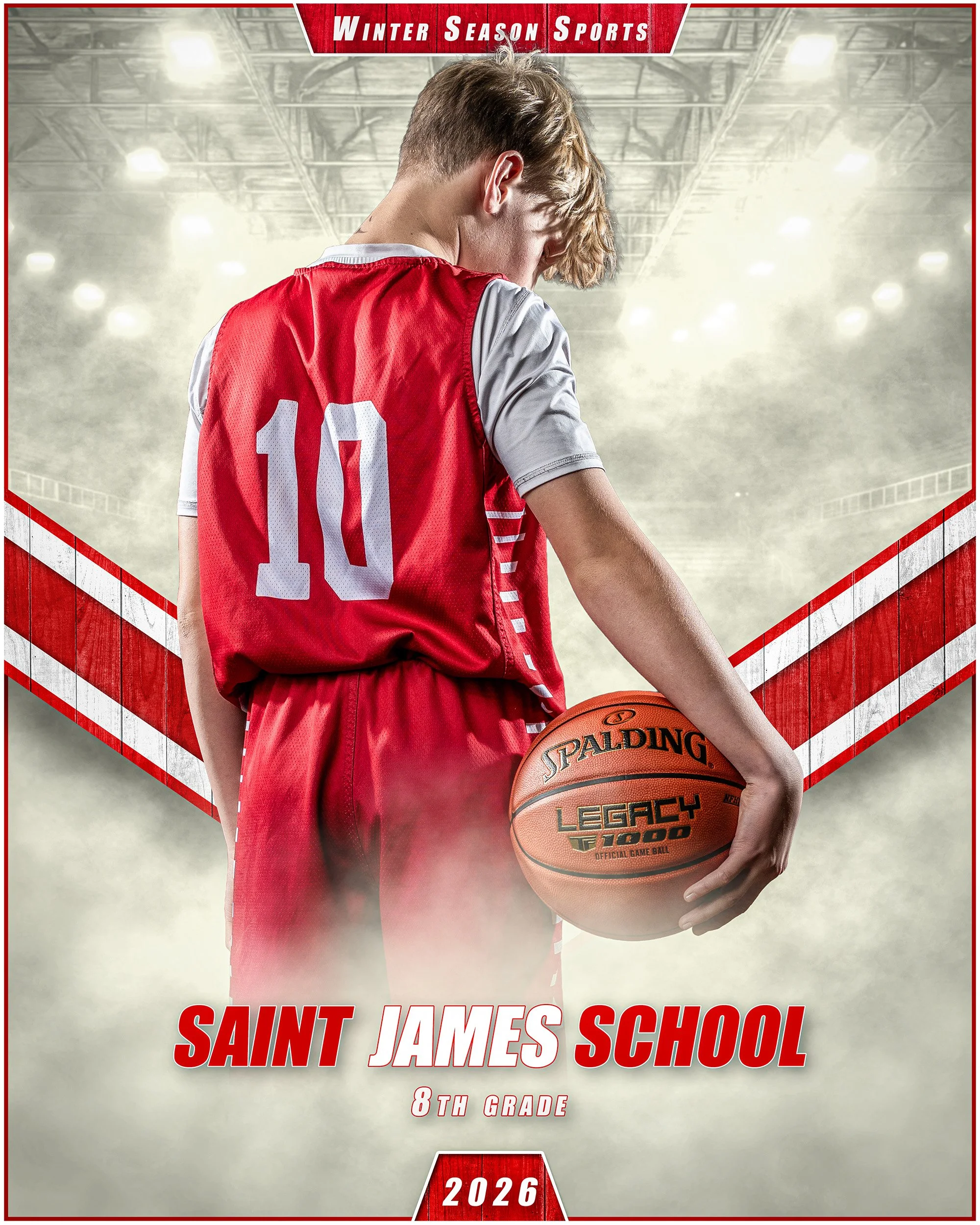 A young male basketball player in a red and gray uniform with the number 10 is holding a basketball in a gymnasium. The background features an indoor sports arena with bright lighting and a smoky atmosphere. The top banner says "Winter Season Sports,
