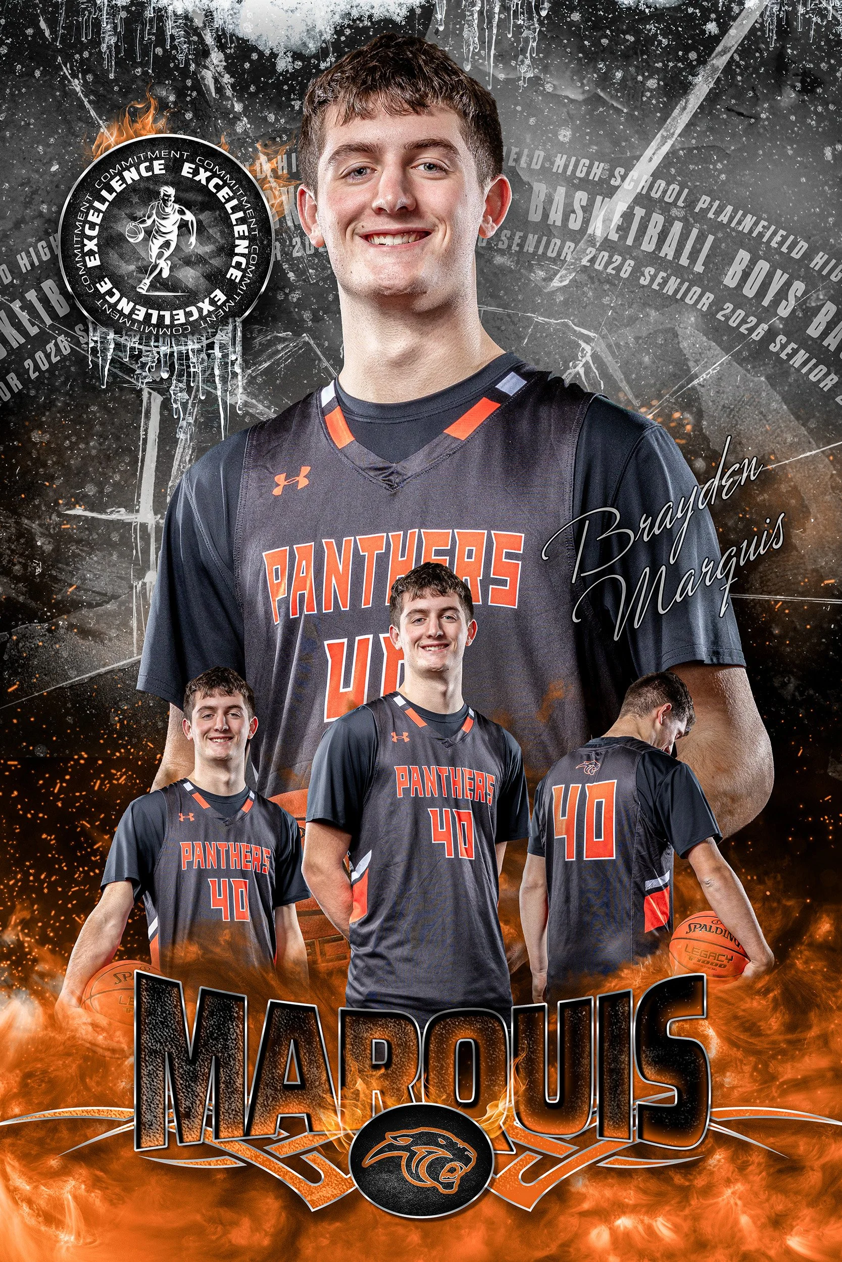 Sports poster featuring a young male basketball player in a black jersey with orange accents, labeled 'Panthers 40,' with multiple images of him in different poses, surrounded by fiery and smoky graphics, the word 'Marquis' and a panther logo, and te
