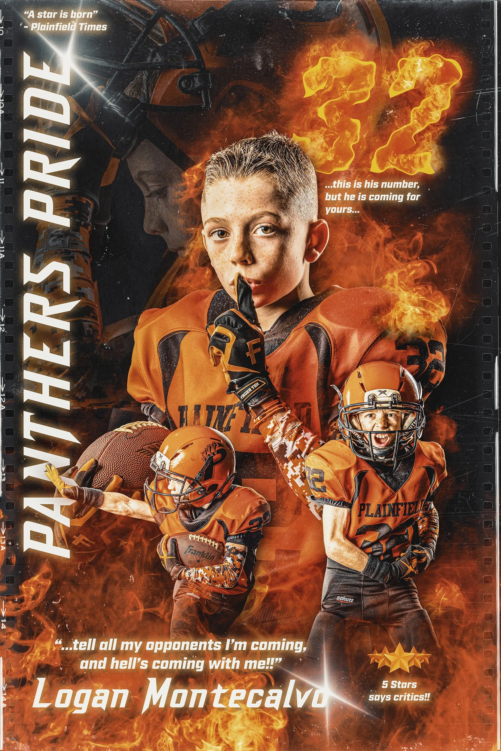 A fiery sports poster featuring a young football player from Plainfield, Logan Montecalvo, in various action poses wearing an orange and black football uniform and helmet. The background is filled with flames, and the poster includes inspirational qu