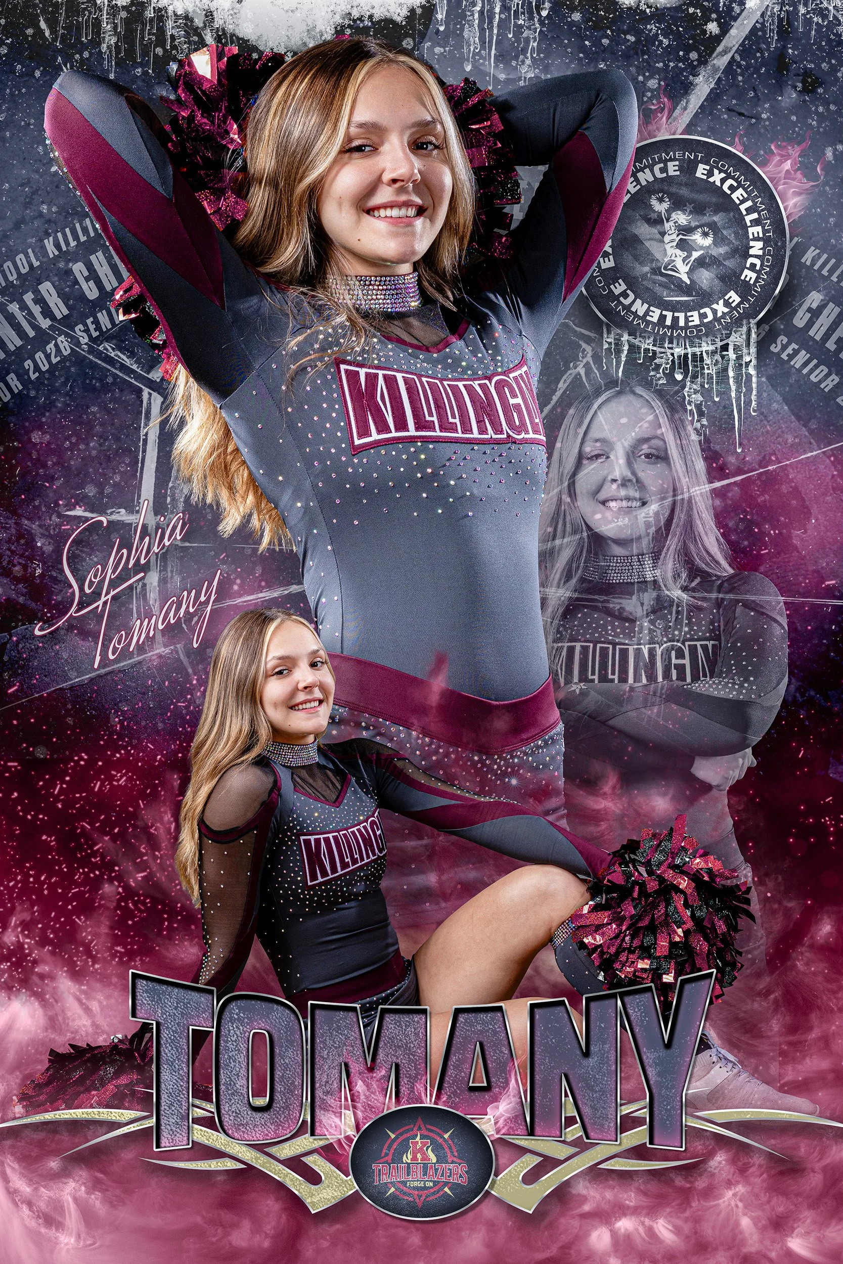 Cheerleader in a gray and black uniform with pink accents, standing with arms behind her head and smiling, with the name 'Sophia Tomany' written in cursive, and the words 'Killng' on her uniform. The background is decorated with pink and purple galax