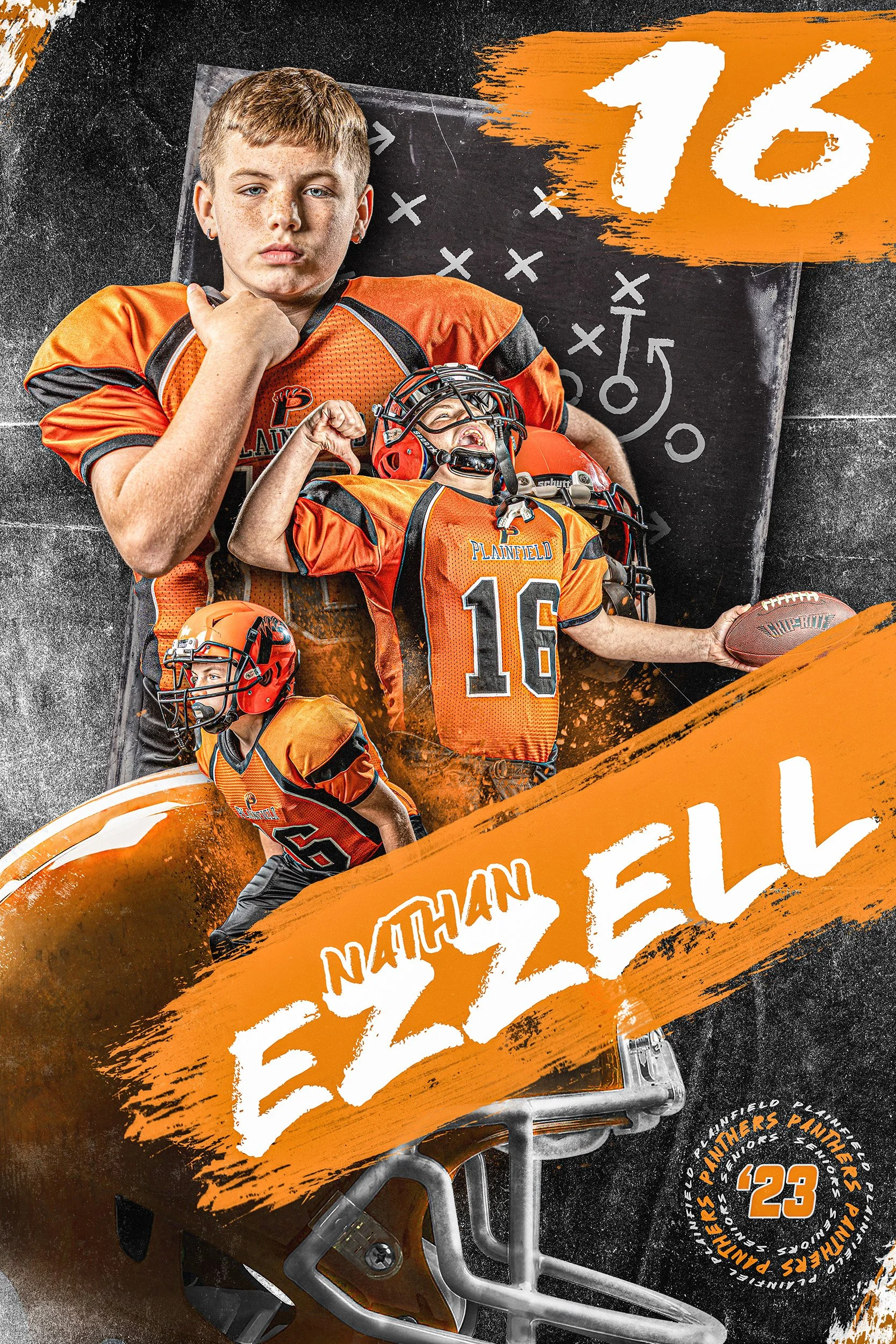 A poster featuring three football players in orange and black uniforms with helmets, posing in athletic stances in front of a blackboard with strategy markings. Large white text with orange background reads '16 Nathan Ezzell' and includes a circular 