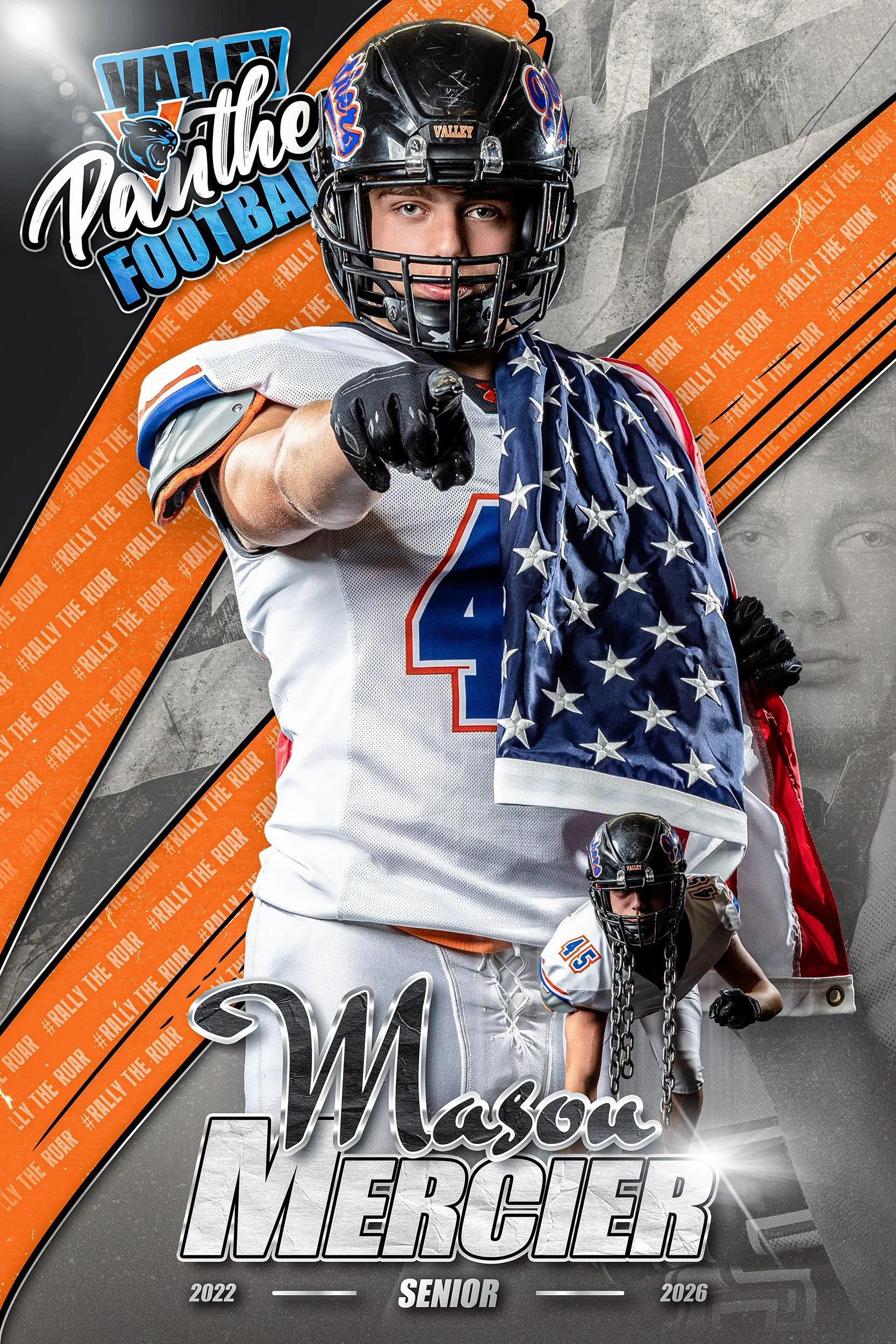 A football player in a white and blue uniform with pink gloves making a heart shape with his hands. The background features a large image of the same player and the text 'Kasaan Hirst' with 'Senior' and the years 2022 and 2026. A logo with a panther and the text 'Valley Panthers Football' is also visible.