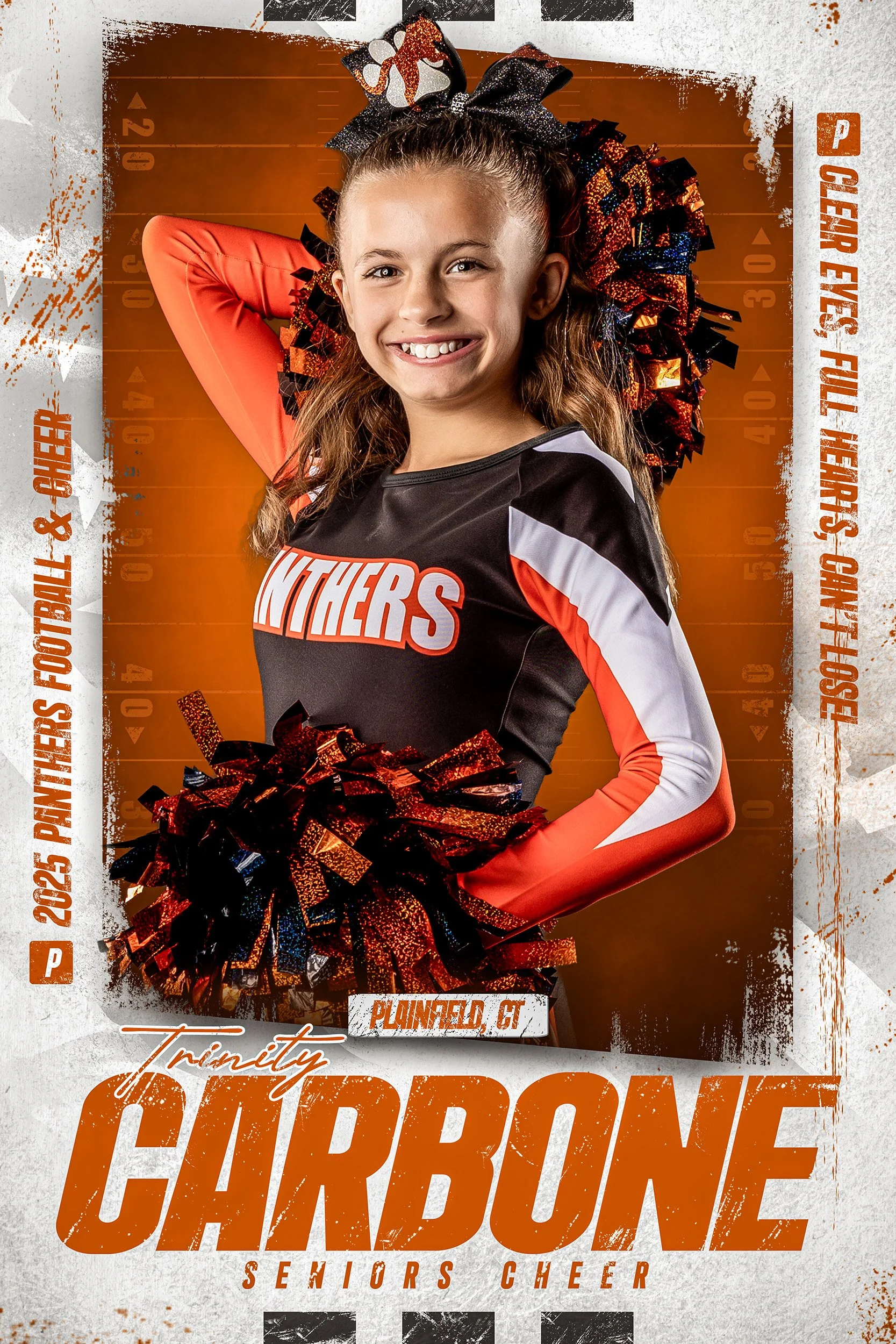 A young girl in cheerleading attire, holding red and black pom-poms, smiling, with a cheerleader uniform that says "Panthers" and a large bow in her hair, standing against an orange background with sports-themed graphics.