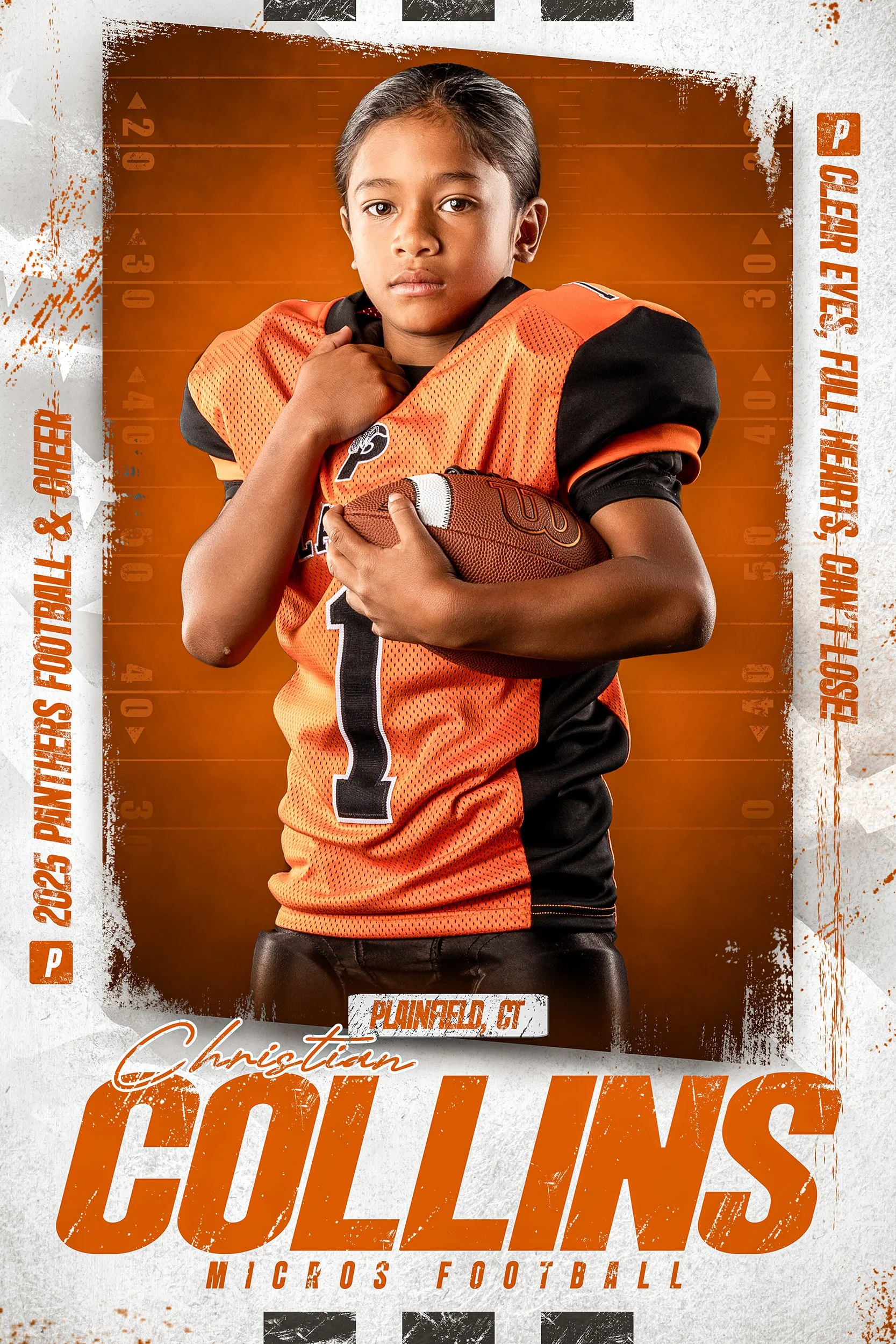 A young girl in a football uniform holding a football, standing against an orange and white background with football field markings and text. The image appears to be a sports team poster for Christian Collin, a Miccos Football player from Plainfield,