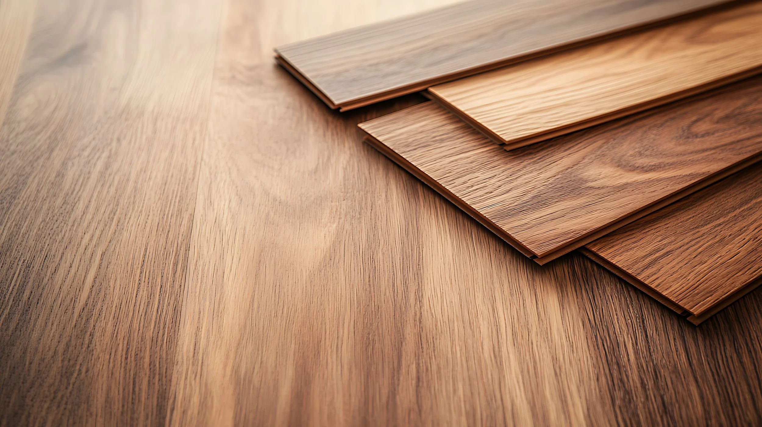 A set of wooden flooring samples in various shades of natural wood tones, arranged on a wooden surface.