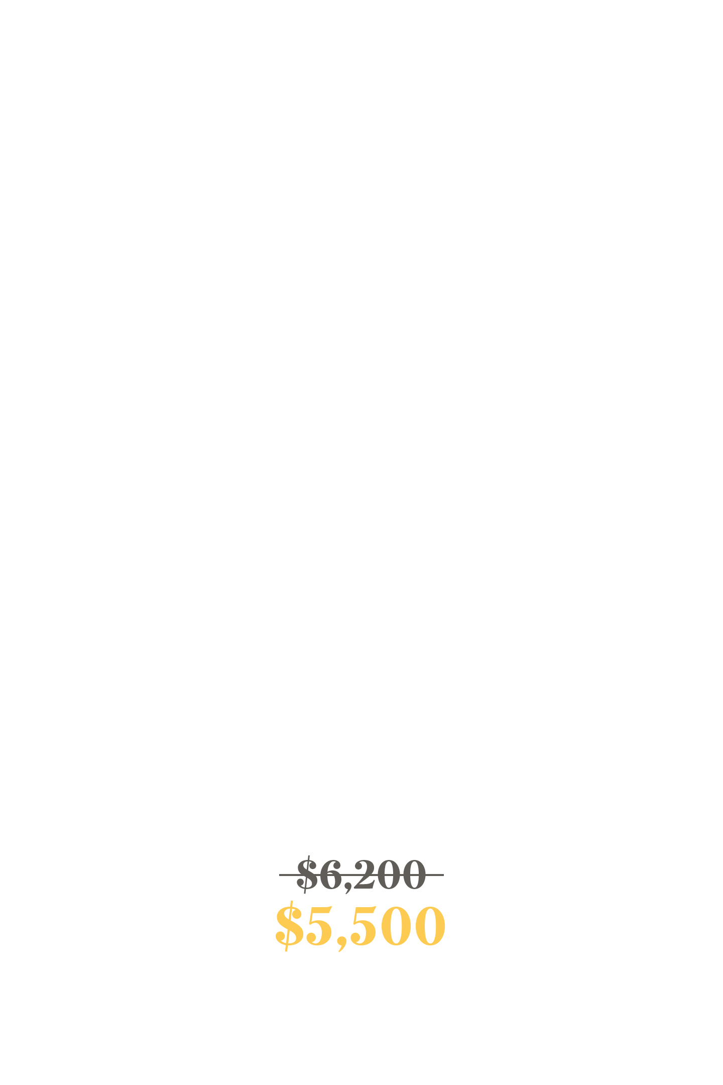 A promotional price card for 'The Minimalist' wedding planning service, offering 6 hours of assistance including consultation, photography, videography, and a highlight film at a discounted price of $5,500 from $6,200.