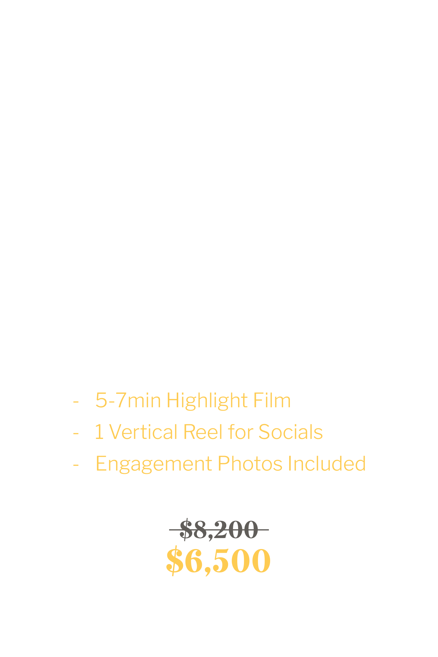 Pricing and package details for The Happy Medium wedding photography service, including services like consultation, photography, videography, social media reels, and engagement photos, with a discounted price of $6,500.