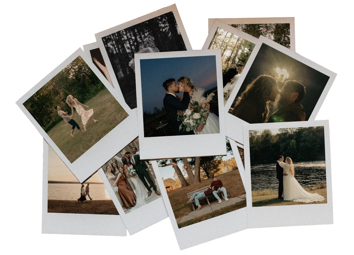 Collection of vintage polaroids of wedding photos showing couples at weddings and outdoor gatherings.
