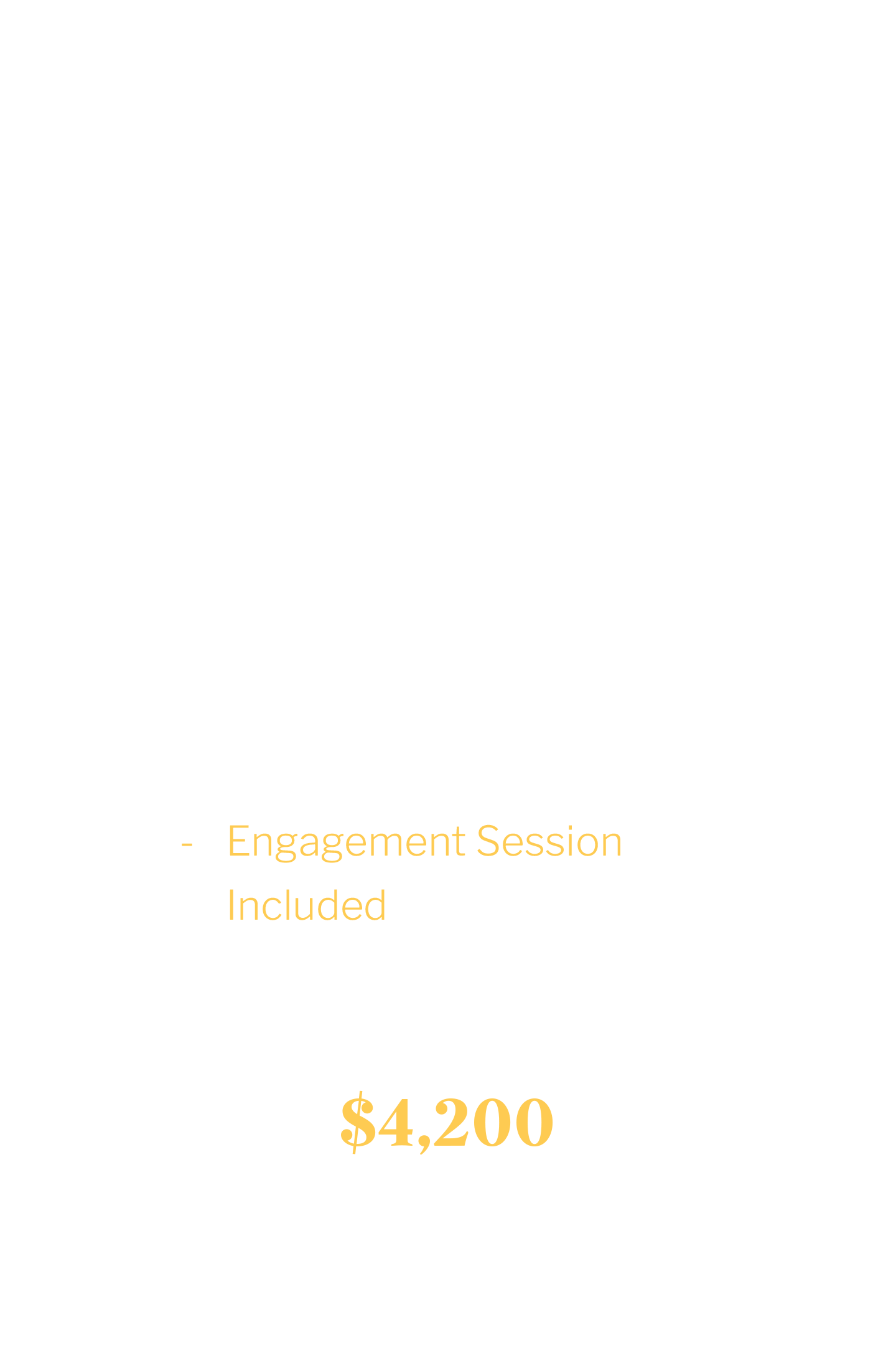Pricing and package details for The Happy Medium, an 8-hour event package costing $4,200, includes pre-wedding consultation, timeline assistance, editing and color correction, online gallery, and an engagement session.