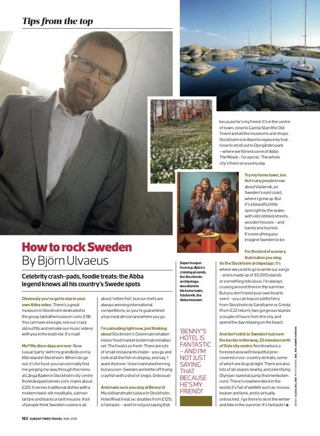 Page from a magazine featuring travel tips about Sweden. Includes a photo of a man in a suit, a scenic view of a marina with sailboats, a park filled with flowers, and a family of four enjoying a meal outdoors.