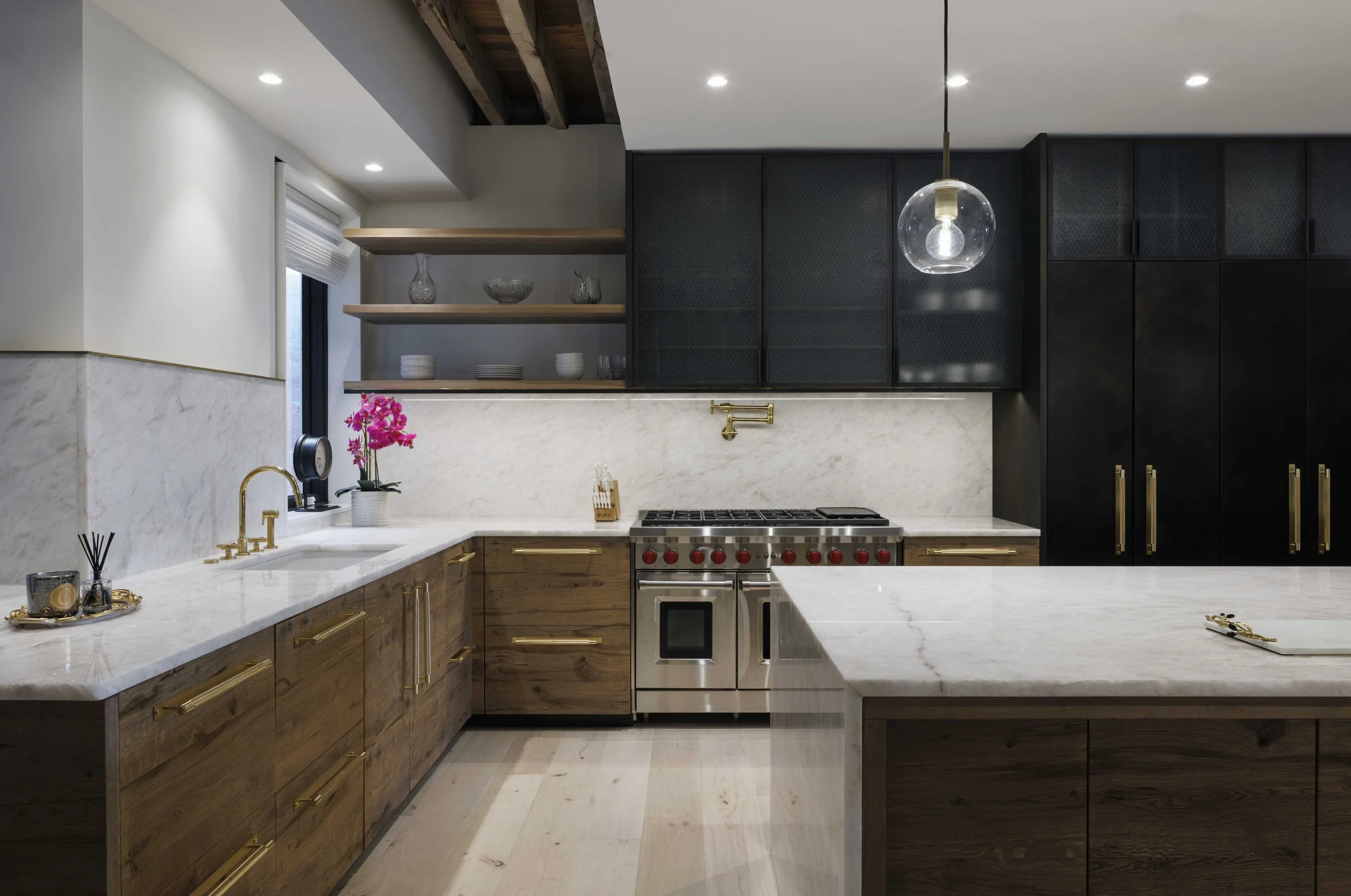  kitchen view with blue cabinetry  
