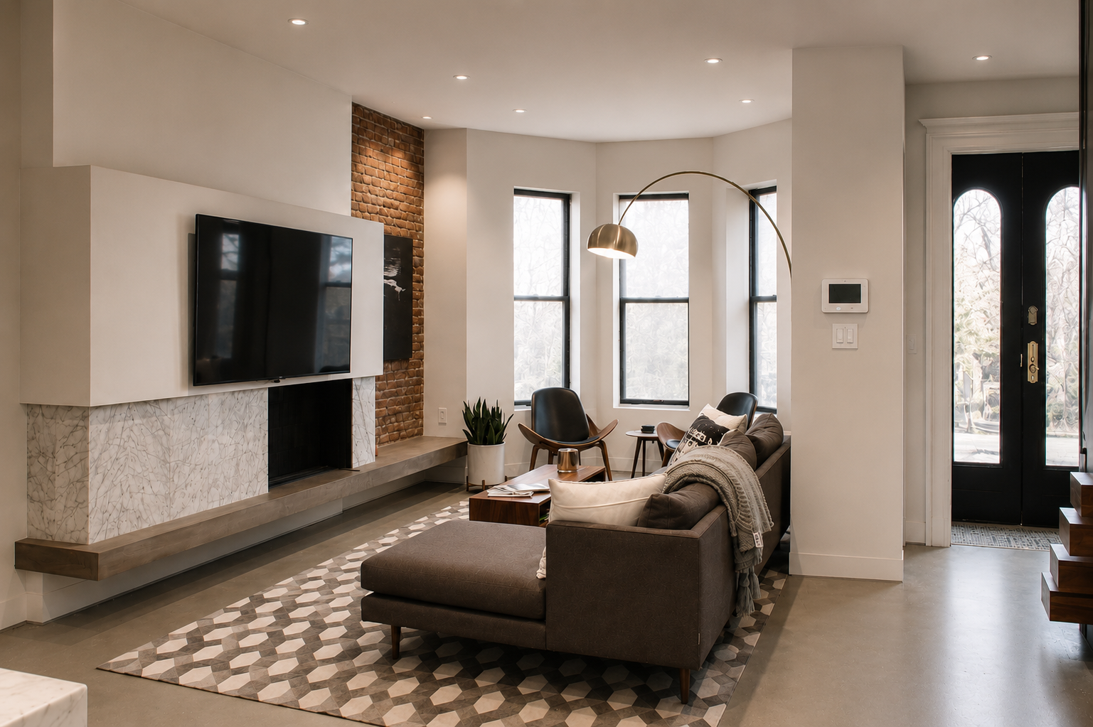  Modern living room with tall ceilings, a plethora of natural lighting, and luxury furnishings 