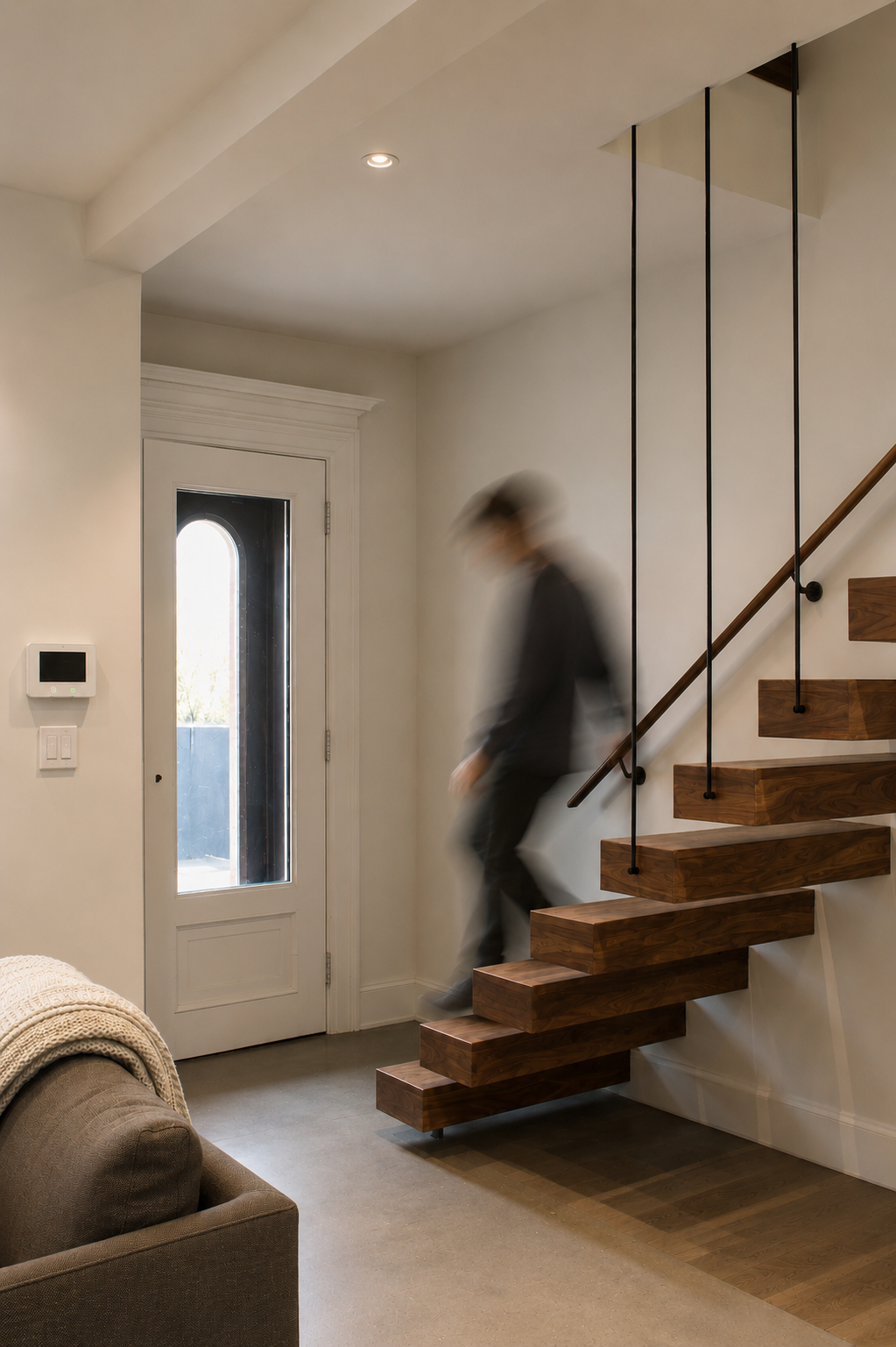  blurry figure walking down modern wooden floating stairs next to entryway   