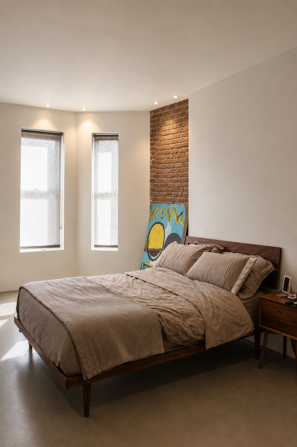  bedroom with brick accent wall, high ceilings, natural lighting, and neutral luxury bedding 