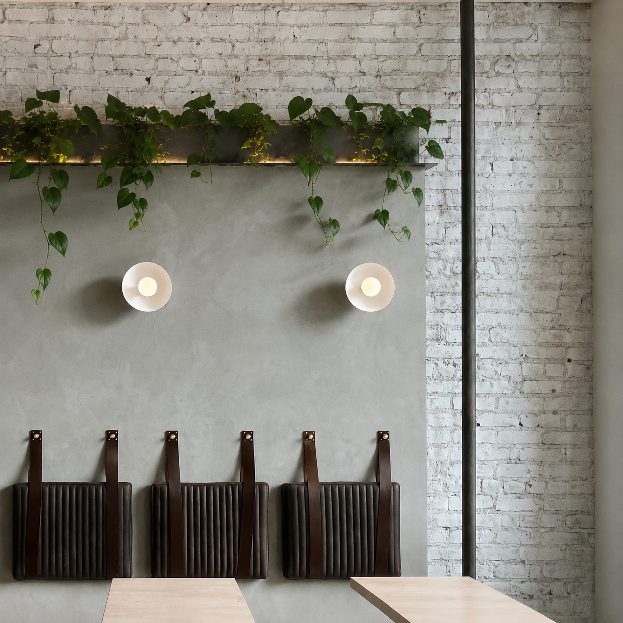 Empty restaurant with wooden tables, dark brown chairs, white wall-mounted lamps, green plants on a ledge, and a white brick wall.