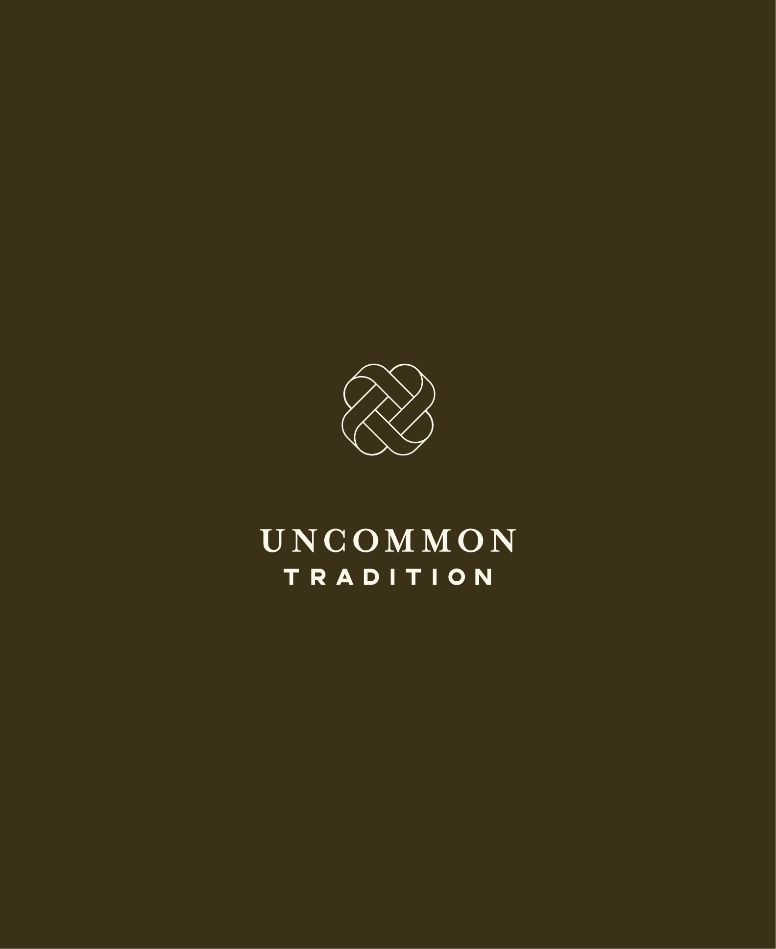 Brown background with a white knot symbol and the words 'Uncommon Tradition' in white.