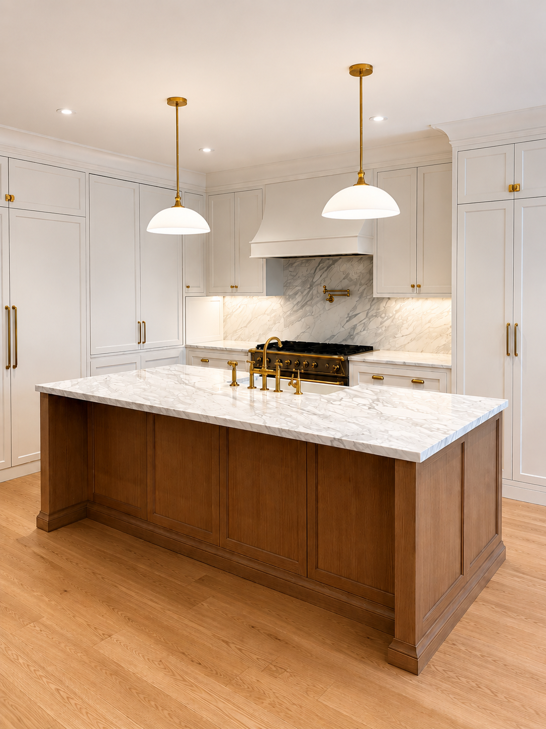Modern kitchen with white cabinets, marble backsplash, wooden island with marble countertop, brass fixtures, and hardwood floors.