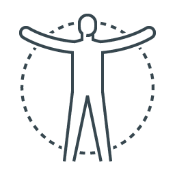 Outline diagram of a human figure with arms extended, inside a dashed circle.
