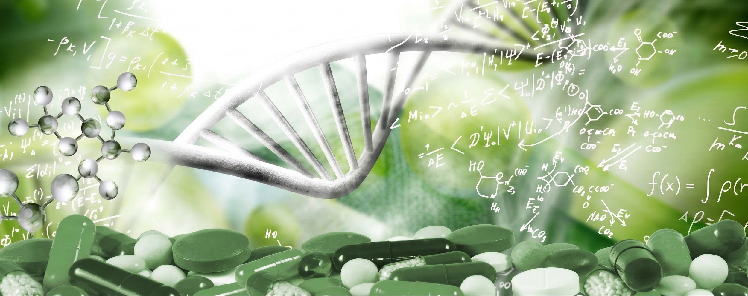 A digital illustration of a DNA double helix structure with scientific equations and molecular models in the background, layered over pills and capsules, with a green botanical background.