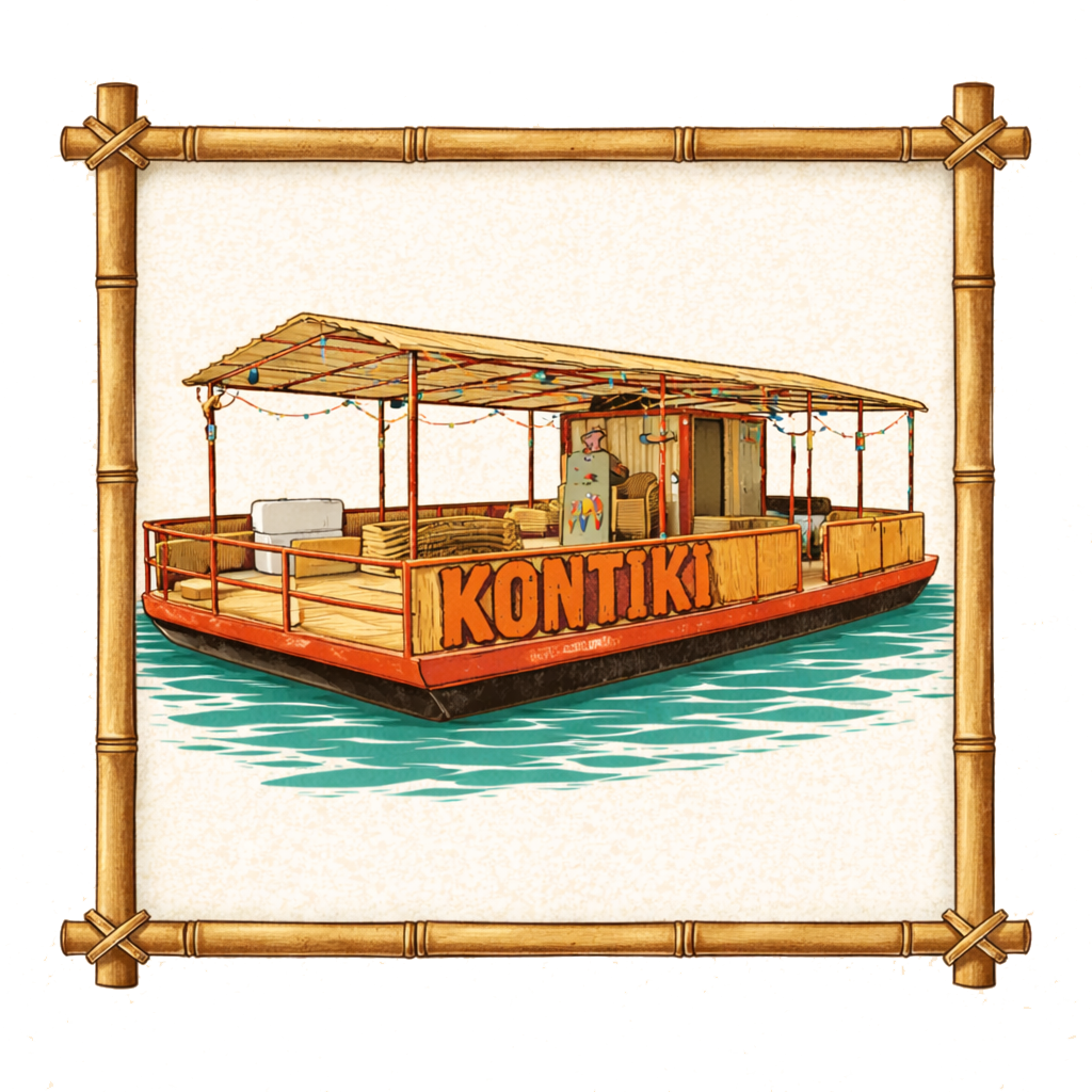 Illustration of a floating tiki bar with a thatched roof, wooden deck, and railing, named 'KONTIKI', on water with an island or shoreline background.