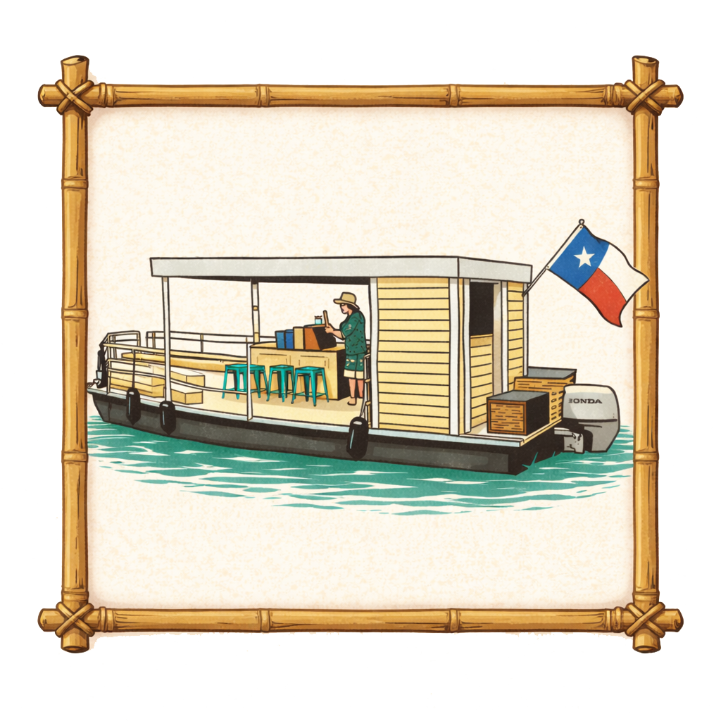 A floating houseboat with a Texas flag, wooden exterior, and seating area on the deck, powered by a Honda motor, while a person stands inside taking photos or video.
