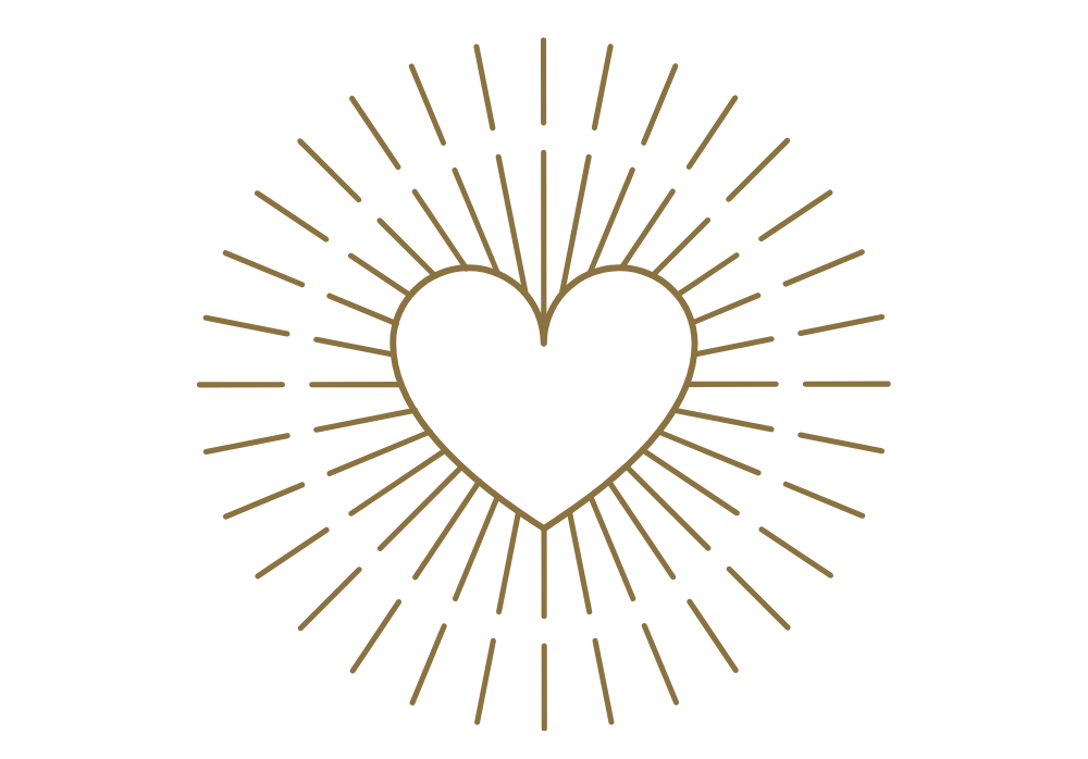 Gold heart with rays radiating outward on a black background.