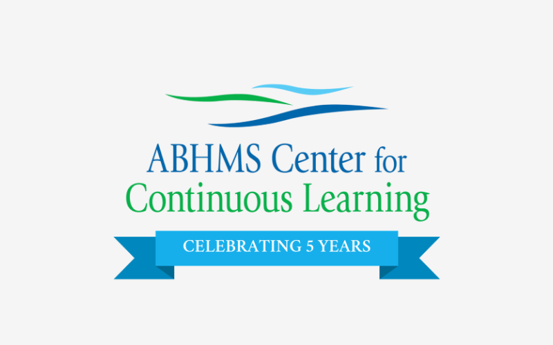 Logo for ABHMS Center for Continuous Learning with blue and green text and stylized wave design.