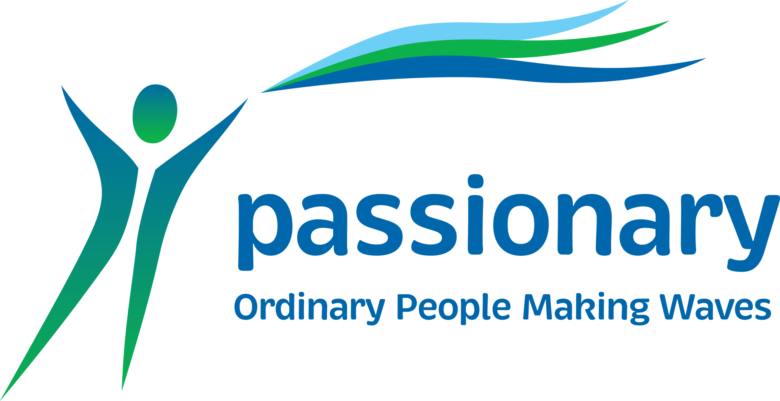 Passionary logotype with stylized person, flowing banners, and type.