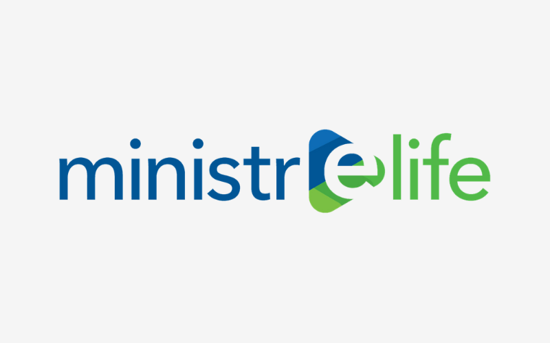 Logo with the words 'ministrelife' in blue and green, incorporating a stylized 'e' in the design.