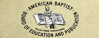 Logo of the American Baptist Board of Education and Publicity, Valley Forge, Pennsylvania, featuring an open Bible with a candle on top.