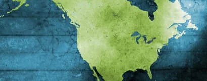 Map of North America with a green background and blue surrounding ocean.