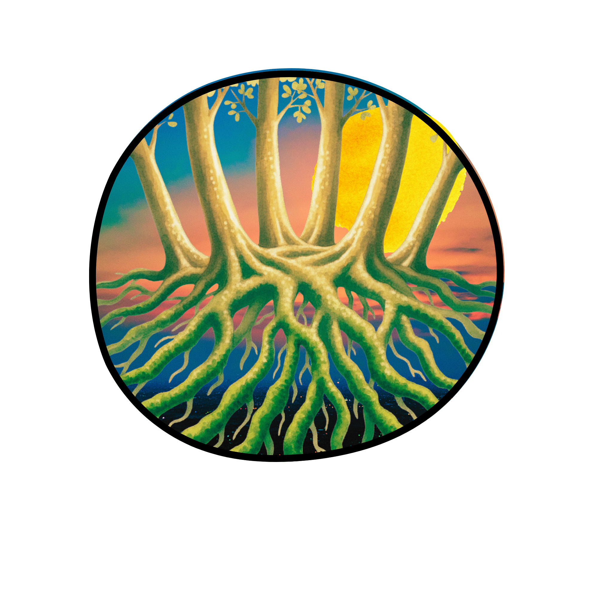 A cross-section of a tree showing roots underground, trunk, branches, and leaves against a sunset sky.