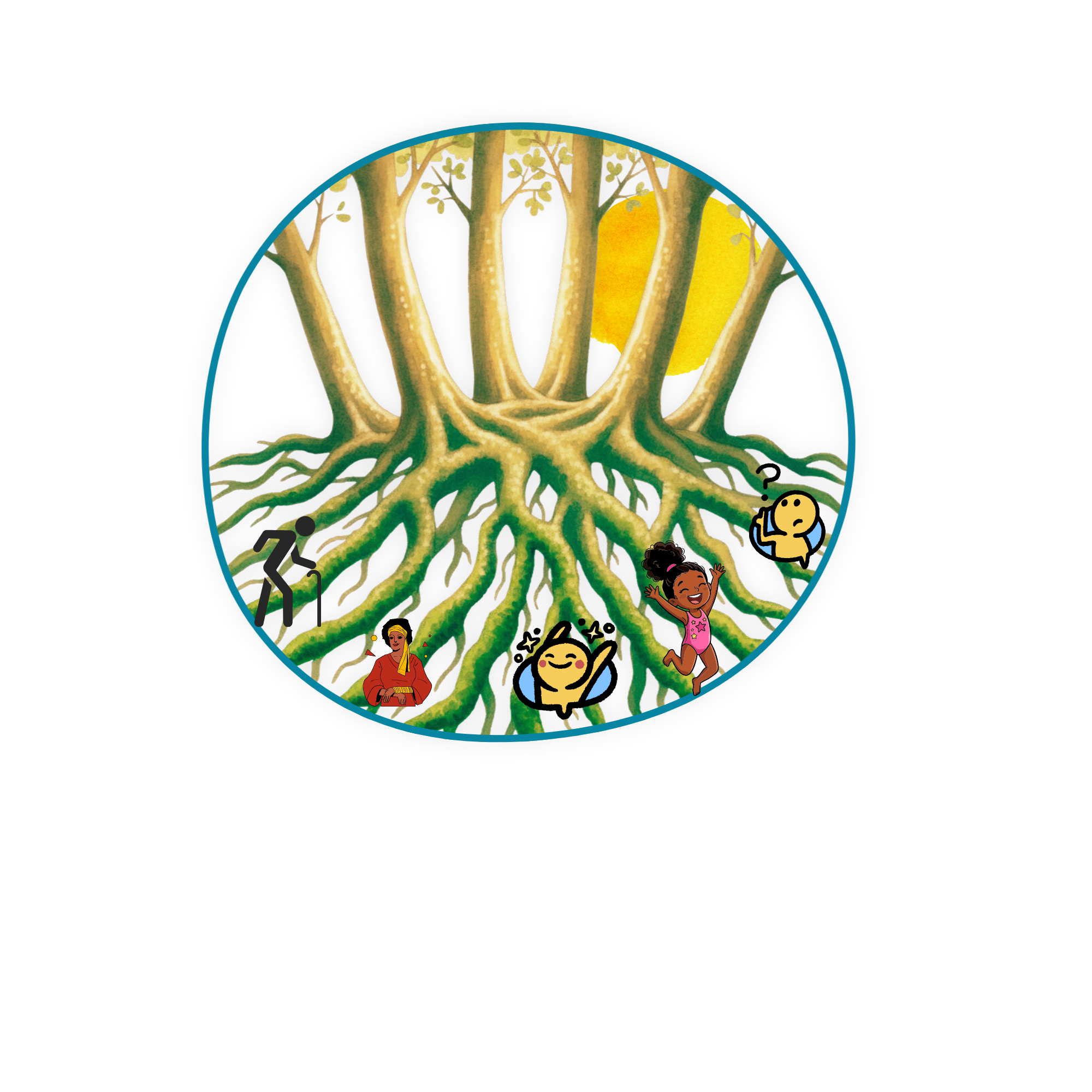 Illustration of a tree with children playing and an adult sitting underneath, with a yellow sun in the background.