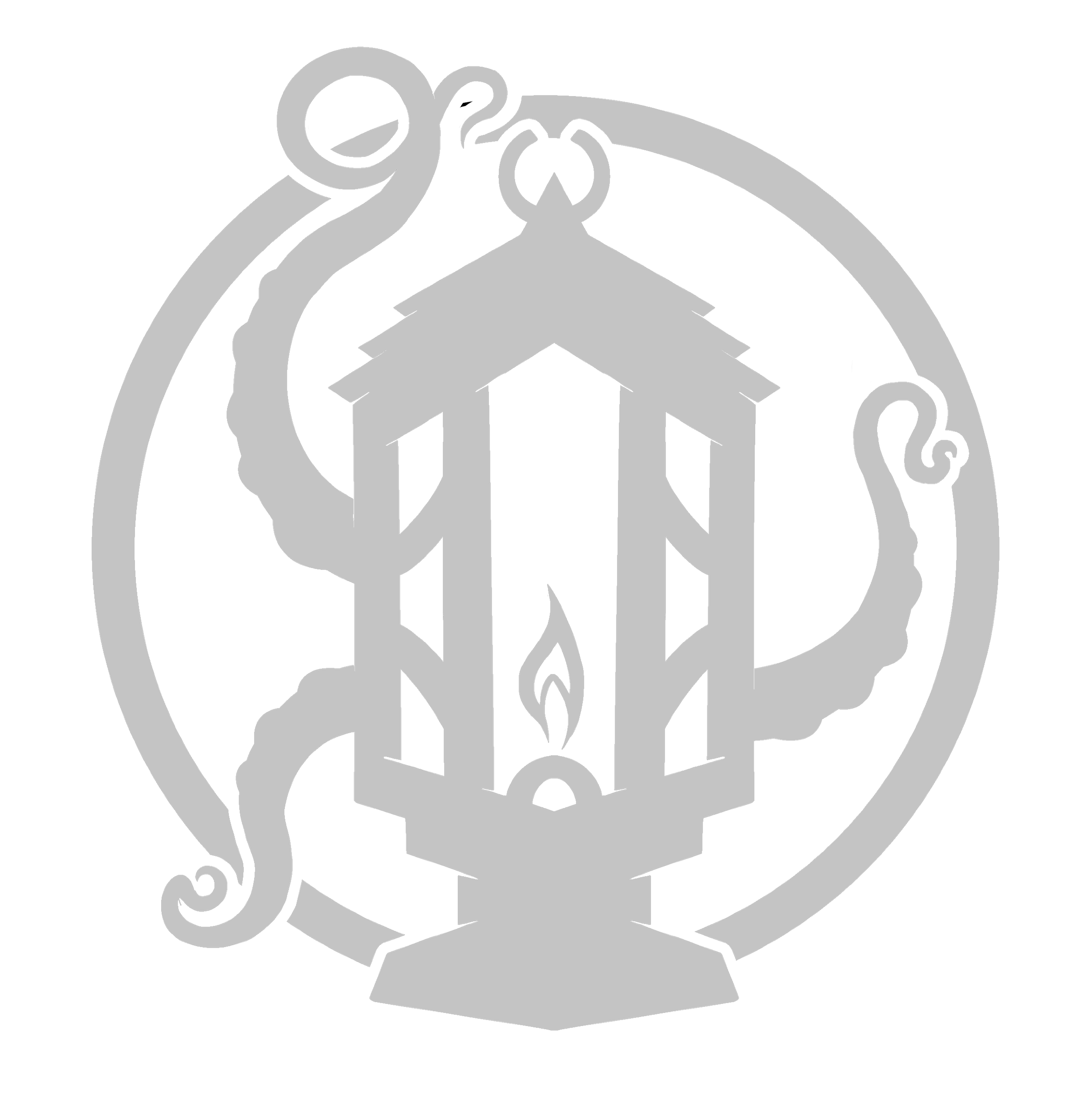 A stylized black and white illustration of a lantern with a flame inside, surrounded by swirling smoke or decorative elements.