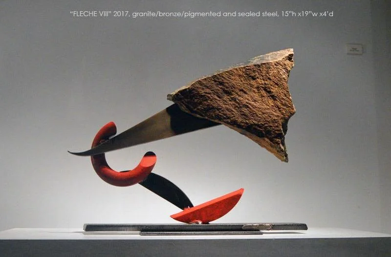 "Fleche VIII" 2017
fieldstone/bronze/pigmented and sealed steel, 15"h x19"w x 4"d (38 x48 x 10 cm)
available

fl&egrave;che
Pronunciation: 'flesh, fl&egrave;che 

Function: noun
Etymology: French, literally, arrow, from Old F