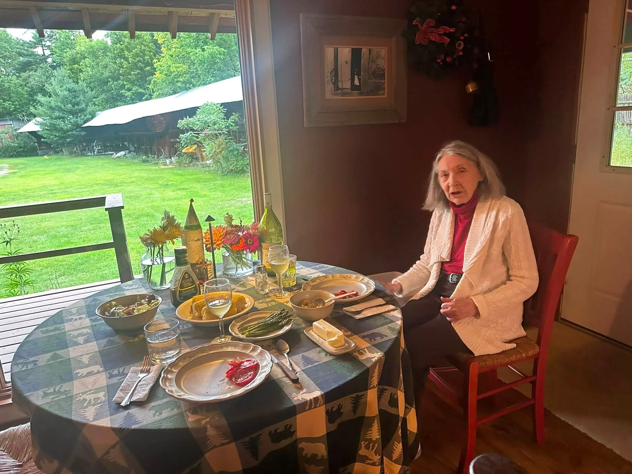 Mom now 95 1/2 made dinner tonight for me in her wonderful little cabin on our property. Couple photos, including one with her showing exercise bike, which she uses every day.