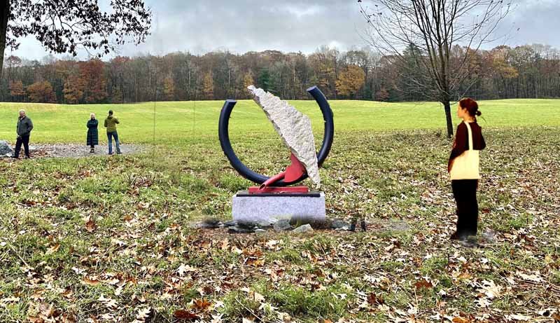 SISYPHEAN CIRCLE 8-14-17  2017, granite/galvanized and powder coated steel,
49"h x53"w x16"d (front and back views)