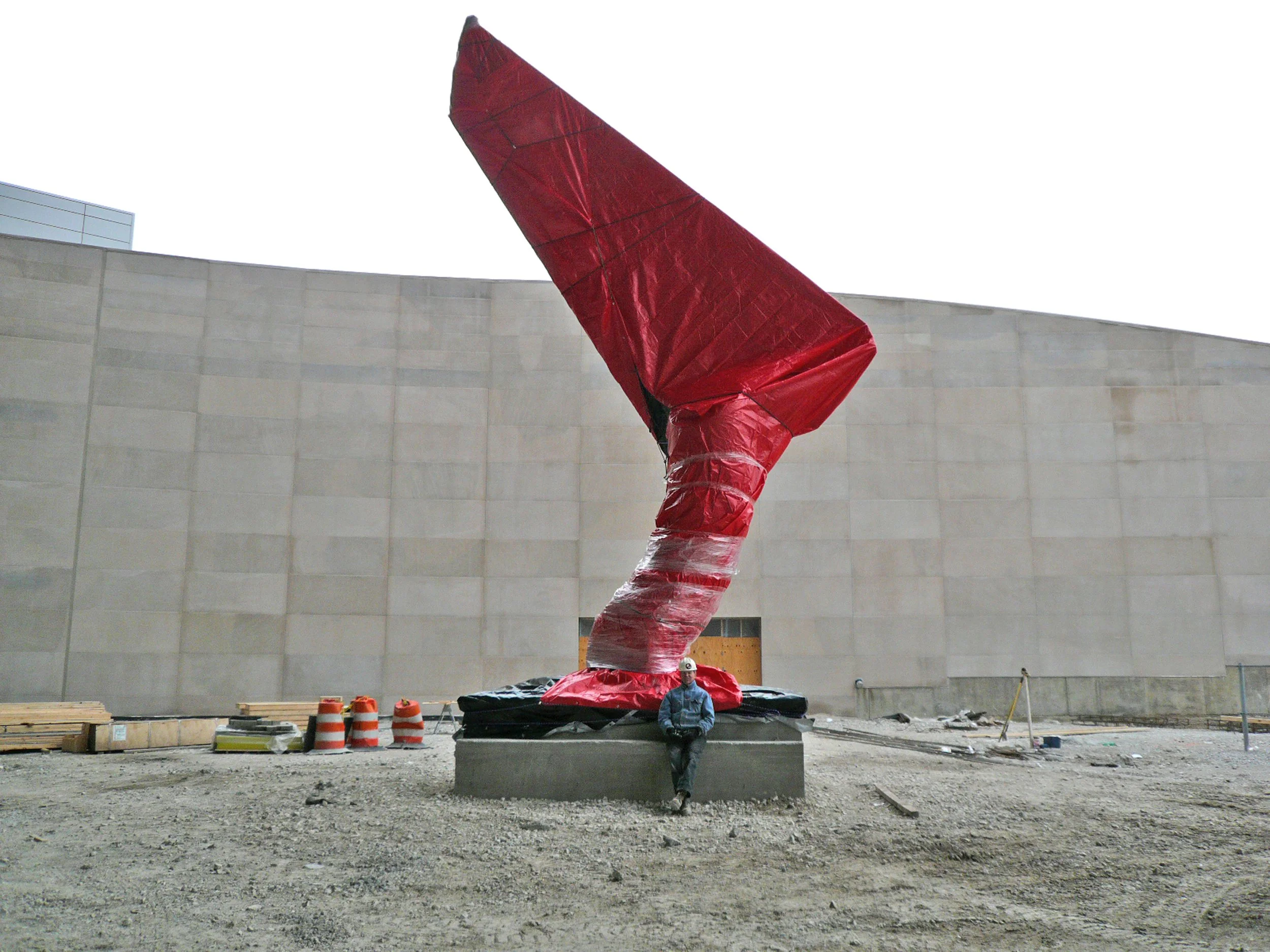 Van Alstine with finished wrapped sculpture before landscaping