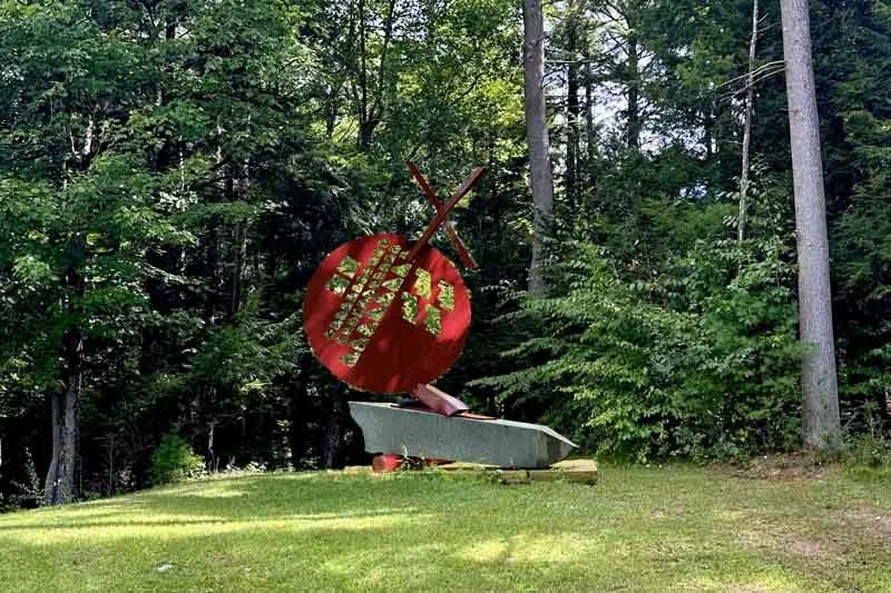 "RECONSIDERING SISYPHUS (fallen obelisk)" 2020, granite/galvanized and powder coated steel, 123"h x102"w x43"d